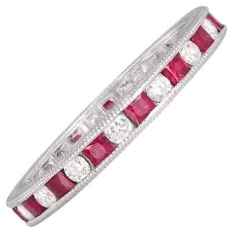 0.55ct Diamond & 1.05ct Natural Rubies Band Ring, Platinum For Sale
