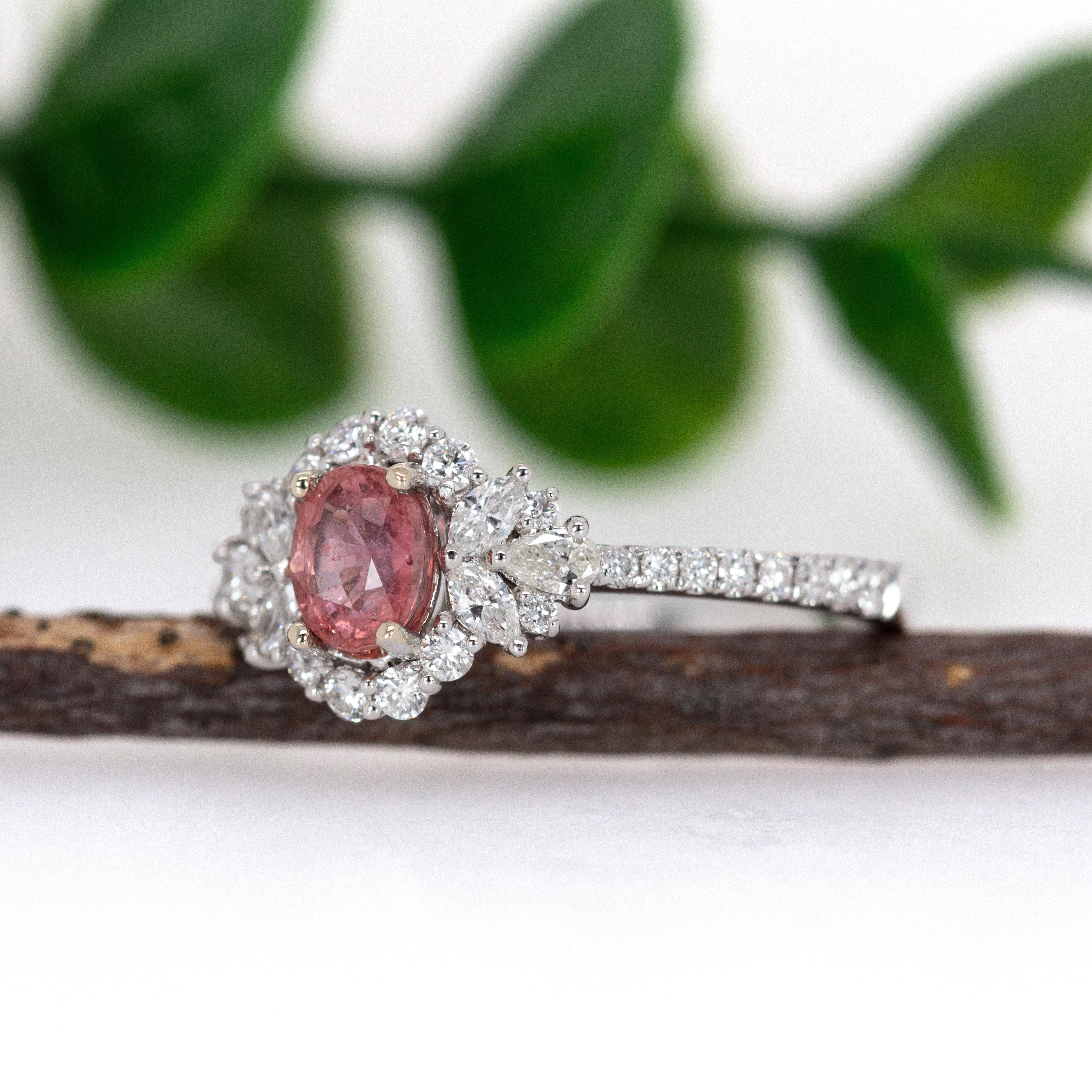 Oval Cut 0.55cts Padparadscha Sapphire Diamond Ring in 14K White Gold  Oval 5x4mm For Sale