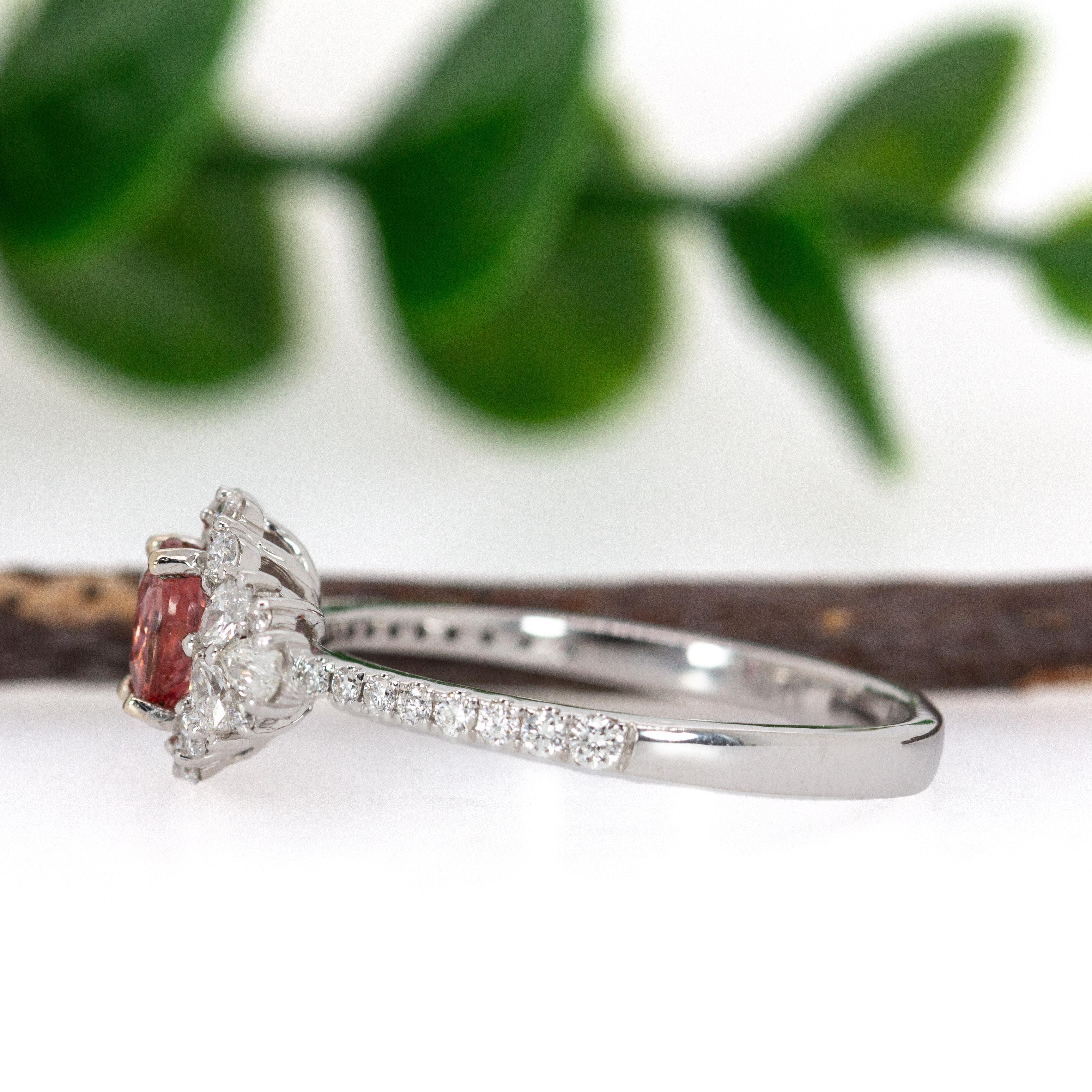 0.55cts Padparadscha Sapphire Diamond Ring in 14K White Gold  Oval 5x4mm In New Condition For Sale In Columbus, OH