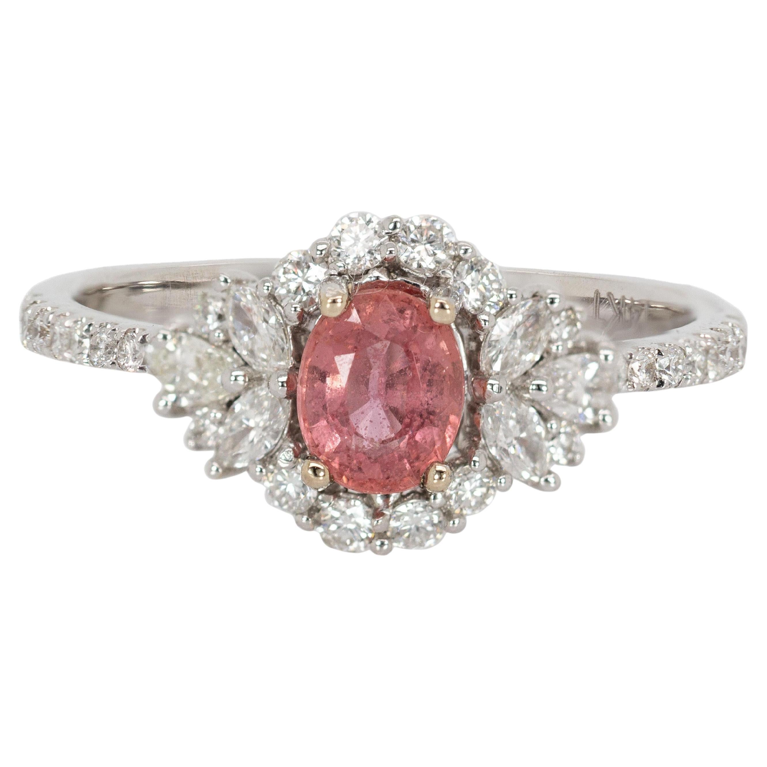 0.55cts Padparadscha Sapphire Diamond Ring in 14K White Gold  Oval 5x4mm For Sale