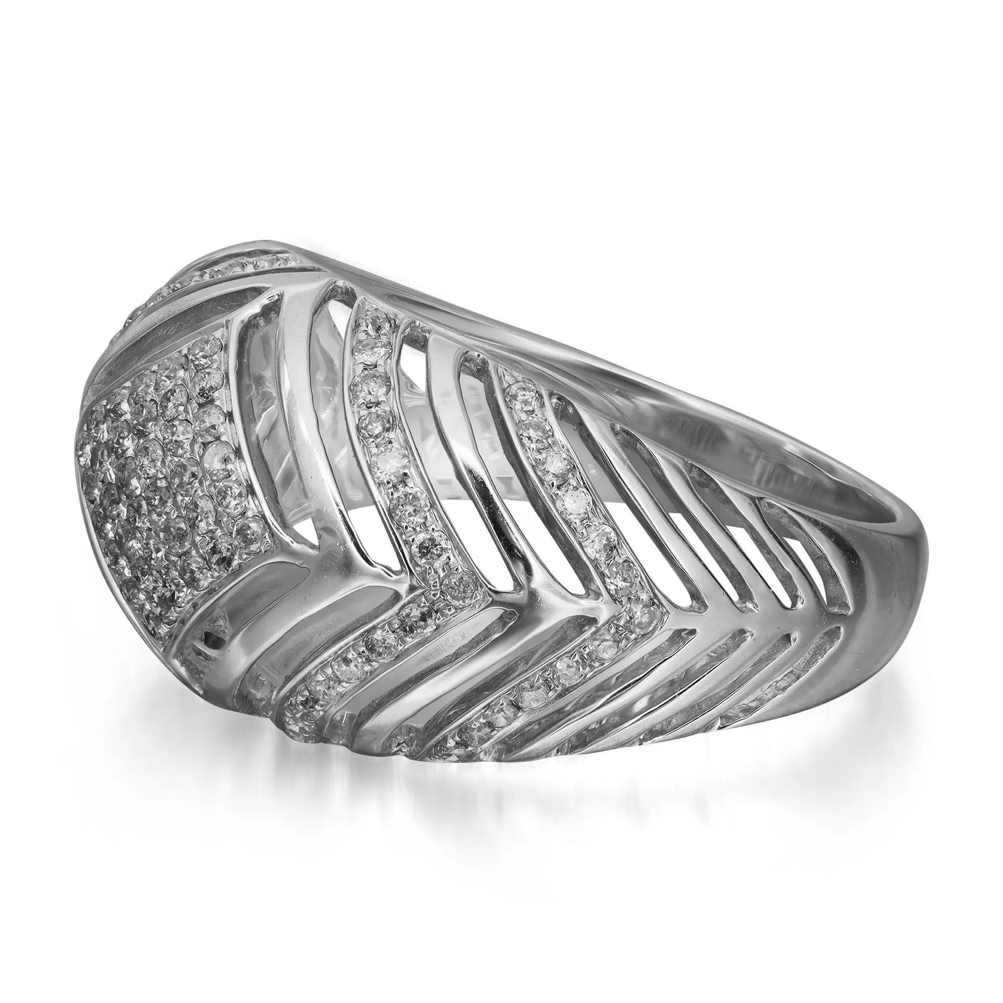 Bold and elegant diamond cocktail ring rendered in highly polished 14K white gold. This ring features sparkling round cut diamonds in pave setting totaling 0.55 carat. Diamond quality: I color and SI clarity. Ring size: 7.5. Total weight: 4.93
