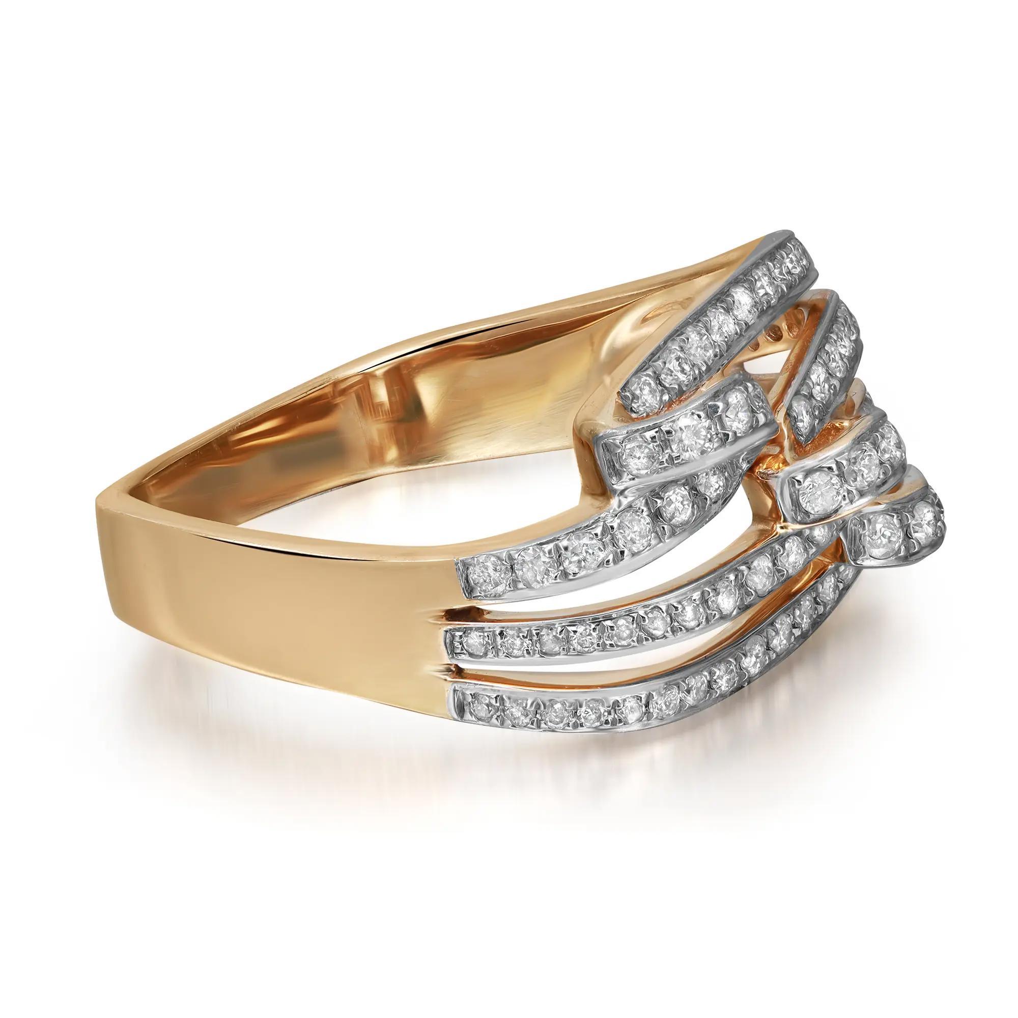 This gorgeous diamond ladies cocktail ring exceptionally showcases prong set round brilliant cut diamonds in a unique three row shank. Crafted in fine 14k yellow gold. Total diamond weight: 0.55 carat. Diamond quality: color I and SI clarity. Ring
