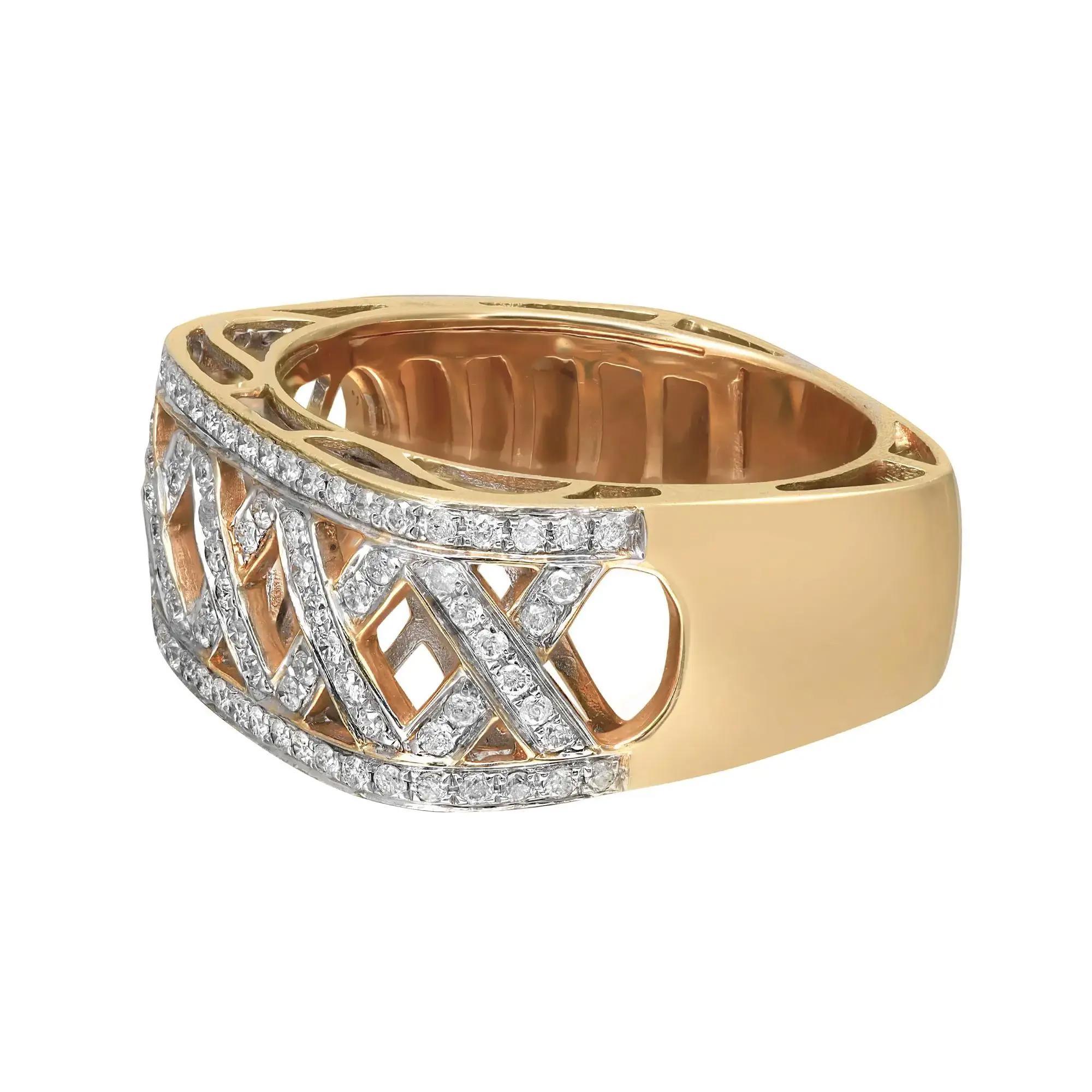 This wide band openwork crisscross square ring is crafted in high polished 14K yellow gold. Set with round cut diamonds, totaling 0.55 carat. The diamond color is H-I with SI1 clarity. Ring size 7.5. Width of the ring 10.11 mm. Total weight: 8.08