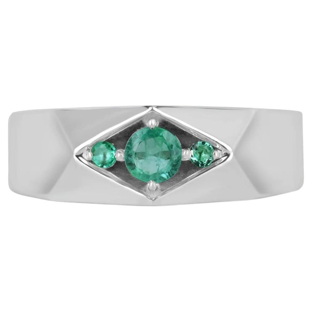 0.55tcw SS Three Stone Geometric Contemporary Round Emeralds Men's Silver Ring For Sale