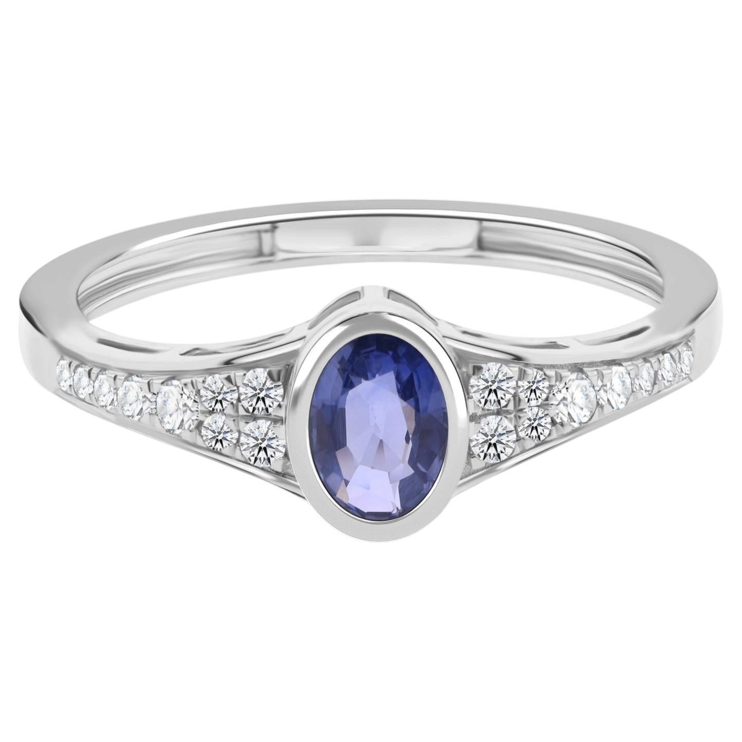 0.56 Carat Blue Sapphire 0.14 Carat SI/H Diamond Ring 18k White Gold Jewelry