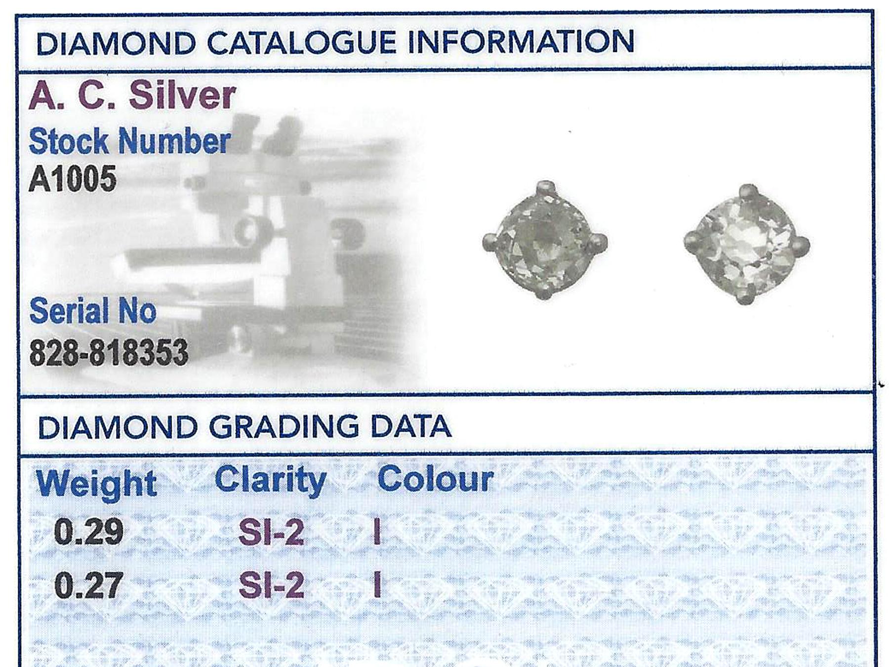 0.56 Carat Diamond and Platinum Stud Earrings 1