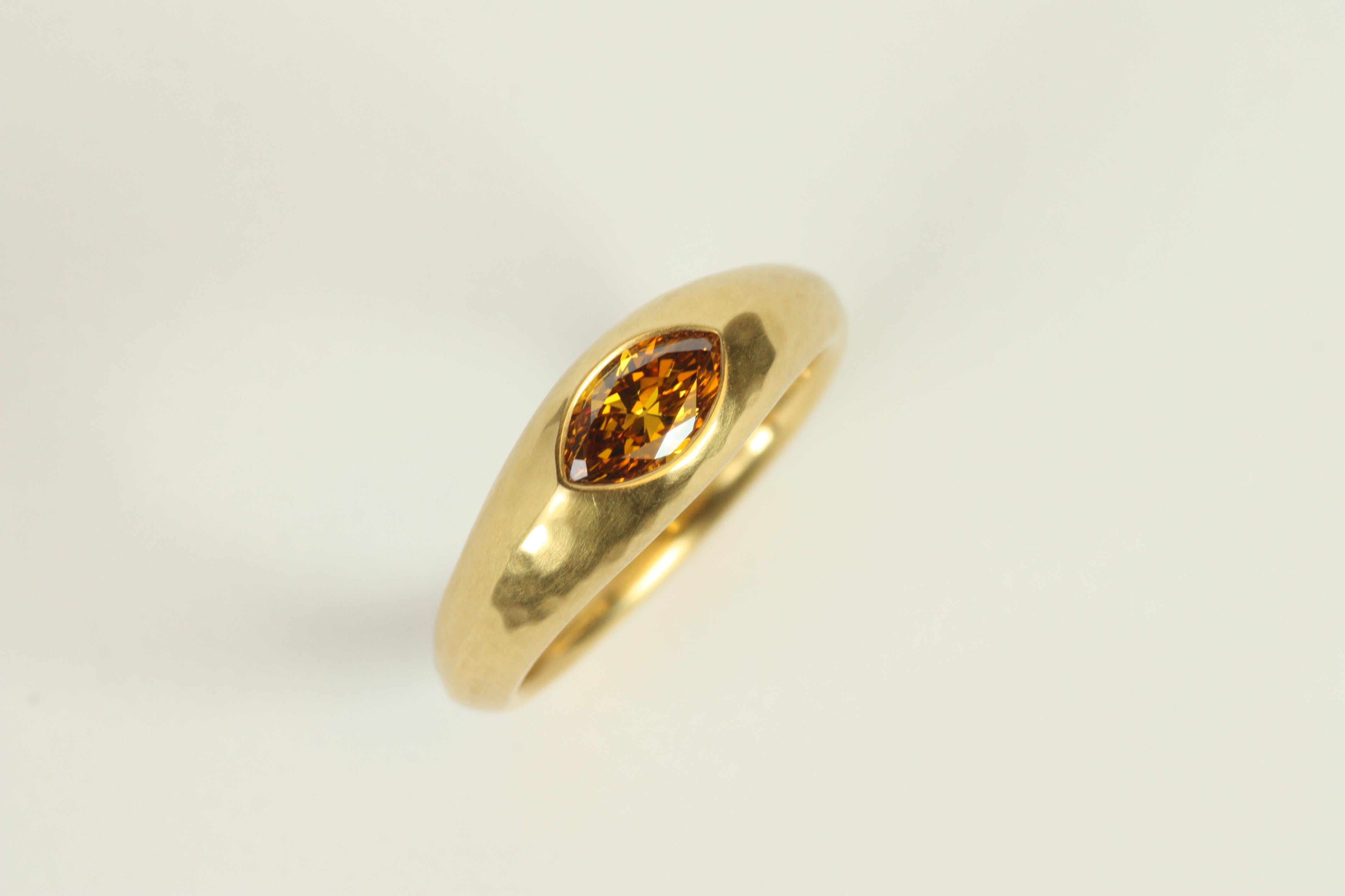0.56 Carat Marquise Cut Orangey Brown Diamond Gypsy Ring in 22K Yellow Gold For Sale 1