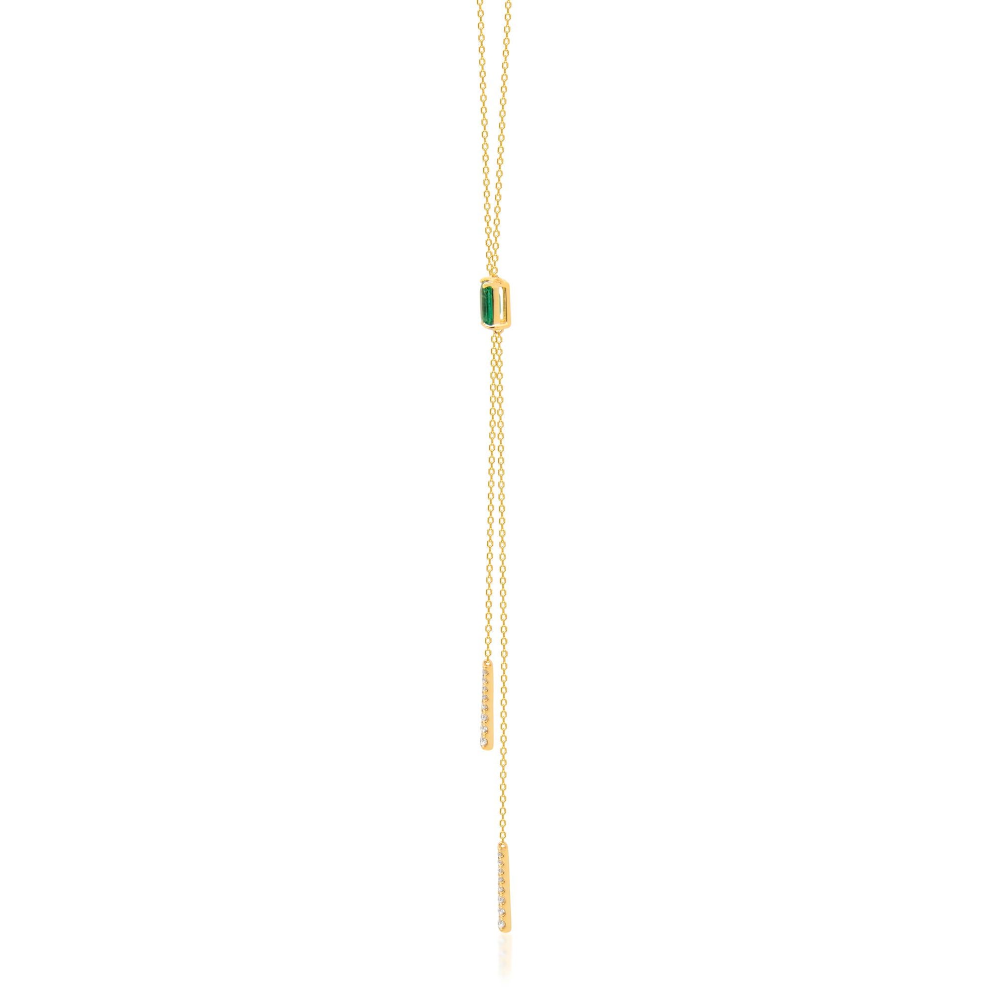 This beautiful Natural Emerald Necklace is crafted in 14-karat Yellow gold and features a 0.56 carat 1 Pc Natural Emerald, 20 Pcs Round White Diamonds in GH- I1 quality with 0.19 Ct  in a prong-setting. This Necklace comes in 18