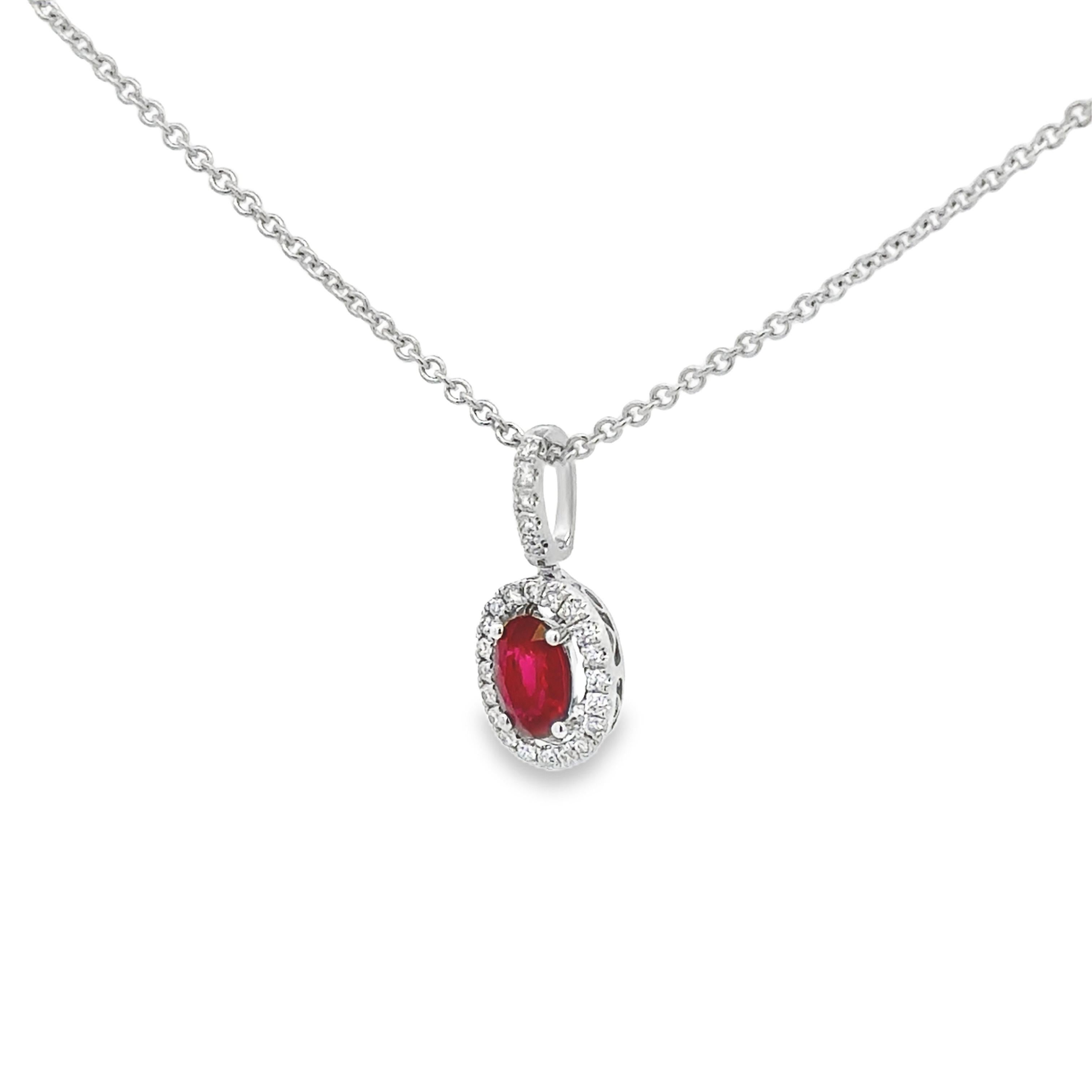 Contemporary Roman Malakov 0.56 Carat Oval Cut Ruby & Diamond Halo Pendant Necklace For Sale
