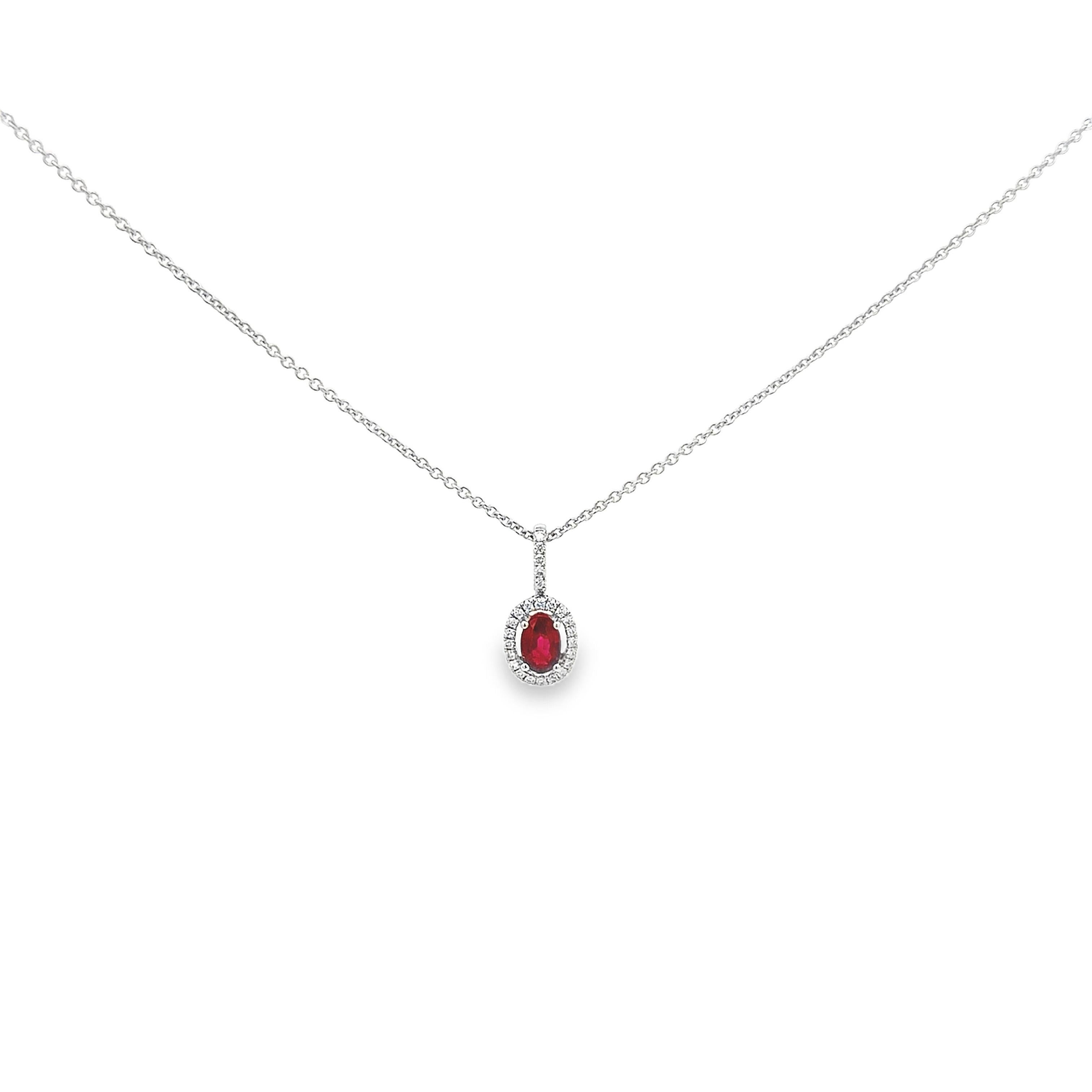 Roman Malakov 0.56 Carat Oval Cut Ruby & Diamond Halo Pendant Necklace In New Condition For Sale In New York, NY