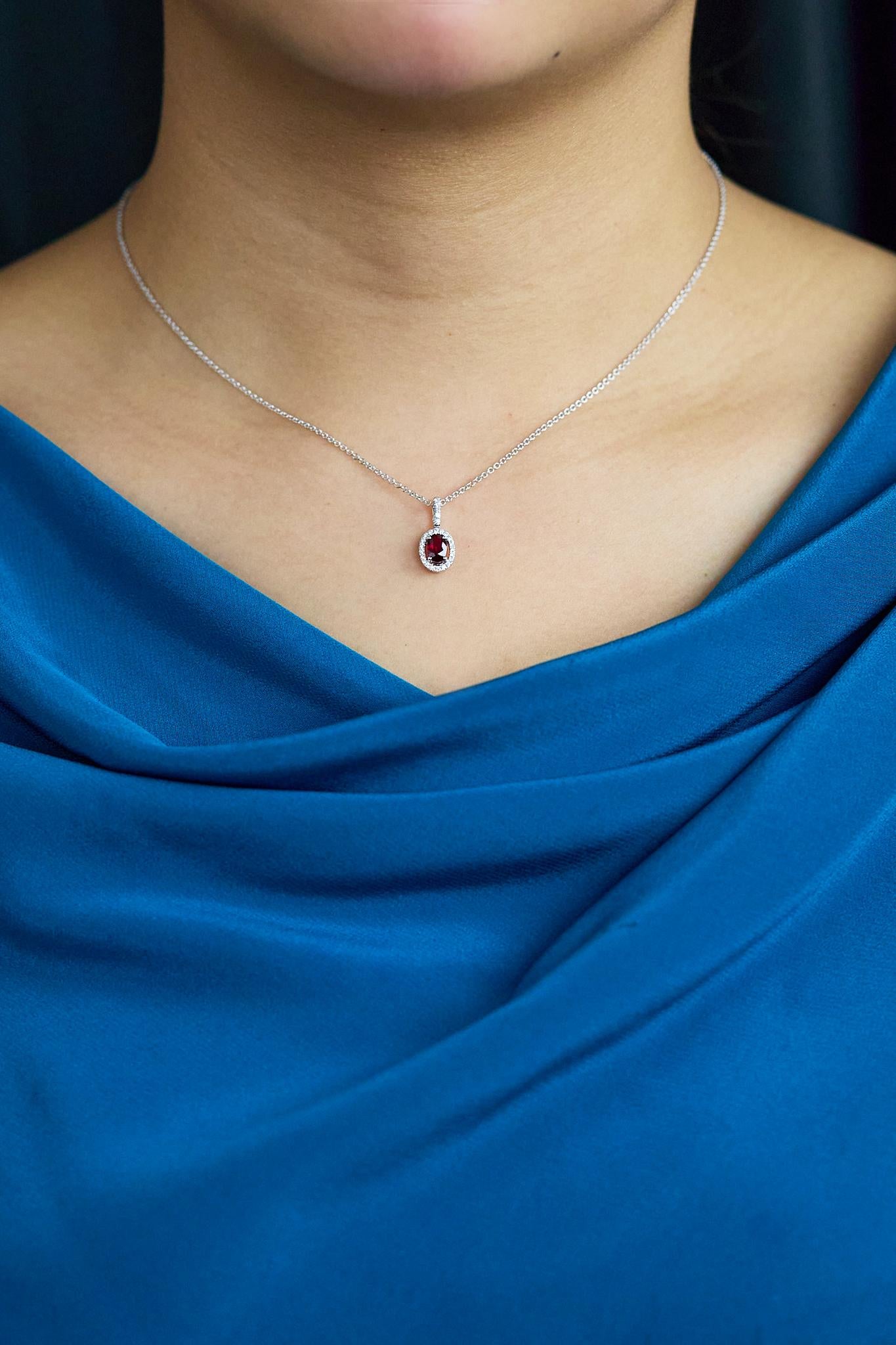 Women's Roman Malakov 0.56 Carat Oval Cut Ruby & Diamond Halo Pendant Necklace For Sale
