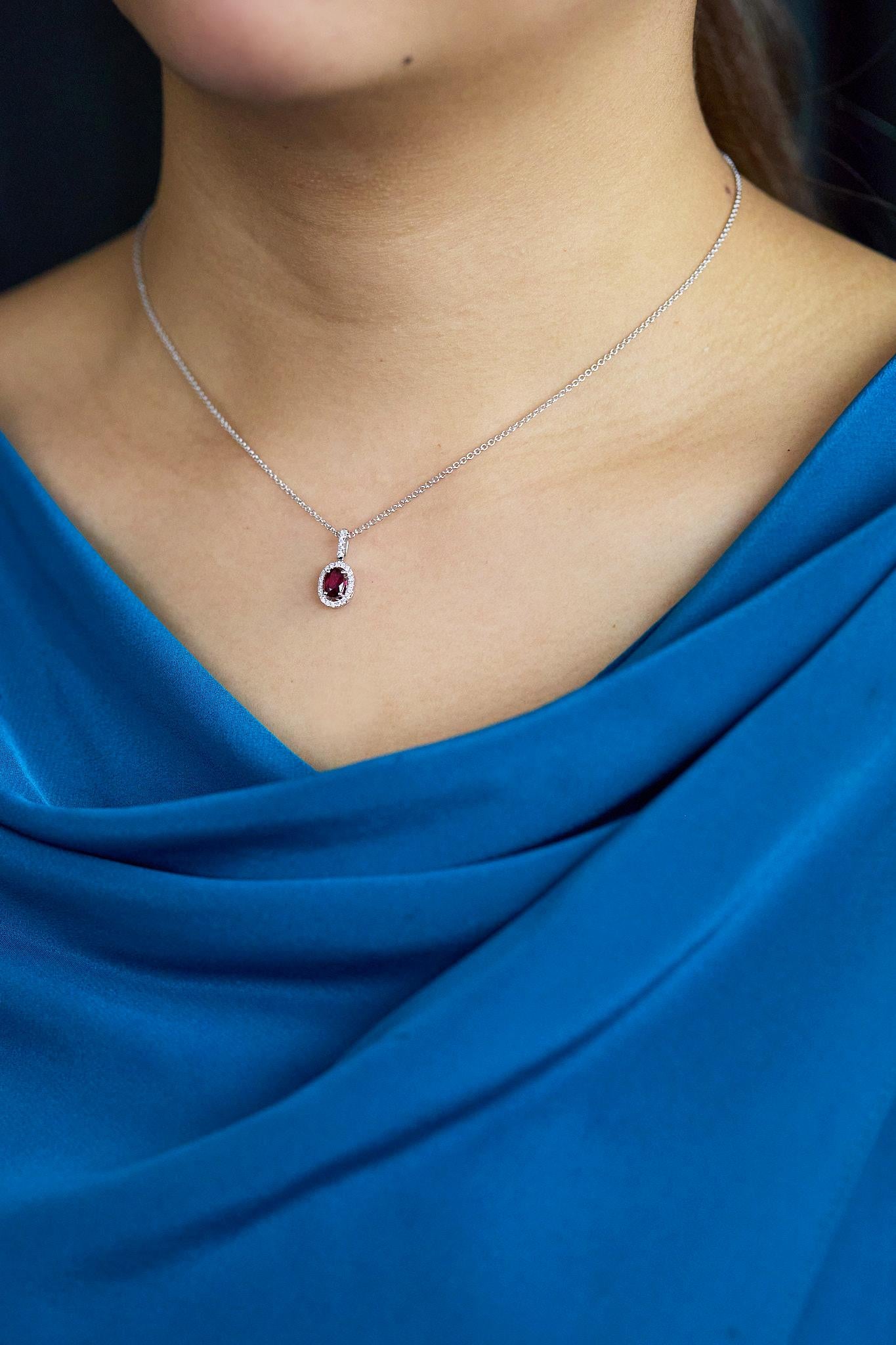 Roman Malakov 0.56 Carat Oval Cut Ruby & Diamond Halo Pendant Necklace For Sale 1