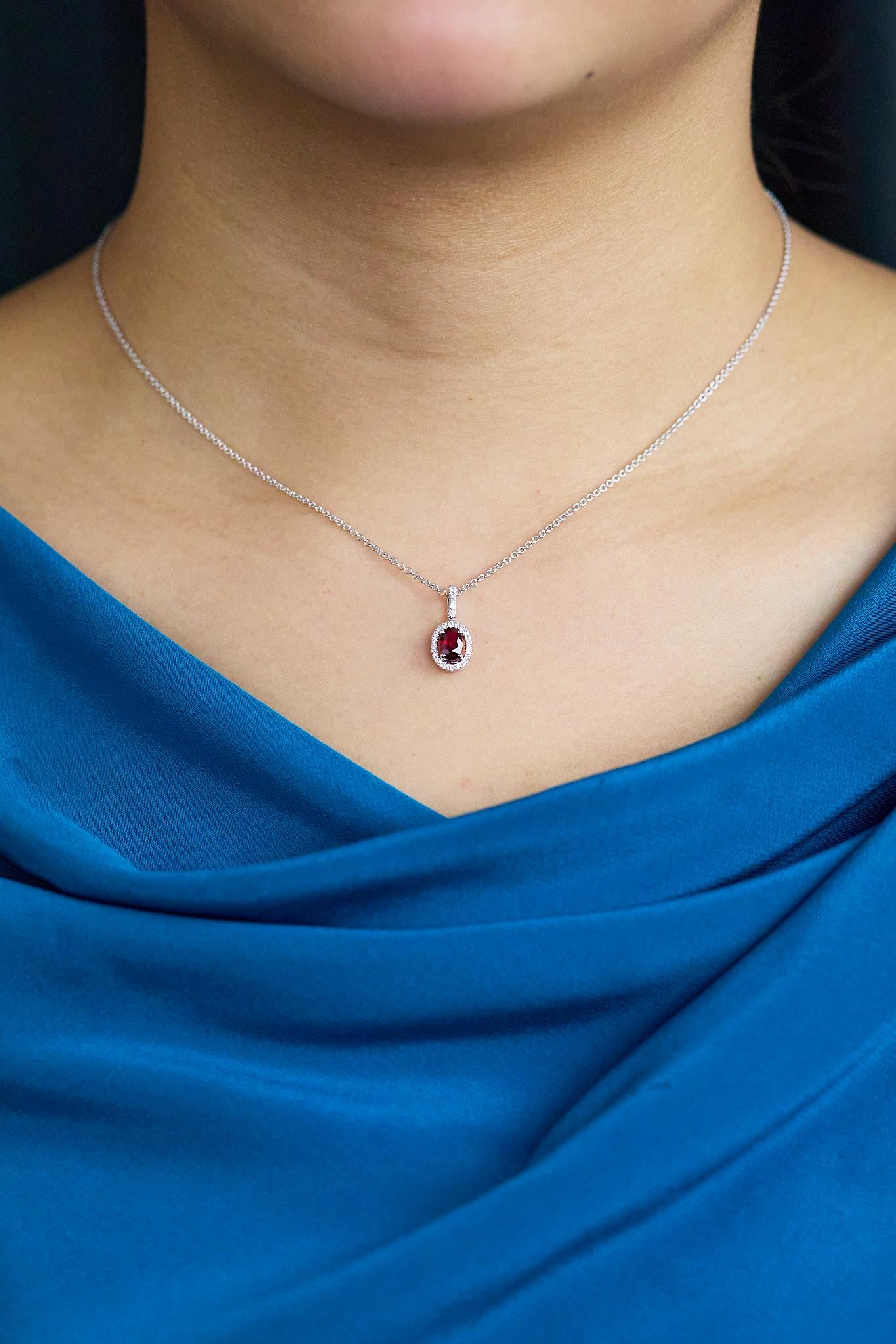 Roman Malakov 0.56 Carat Oval Cut Ruby & Diamond Halo Pendant Necklace For Sale 2
