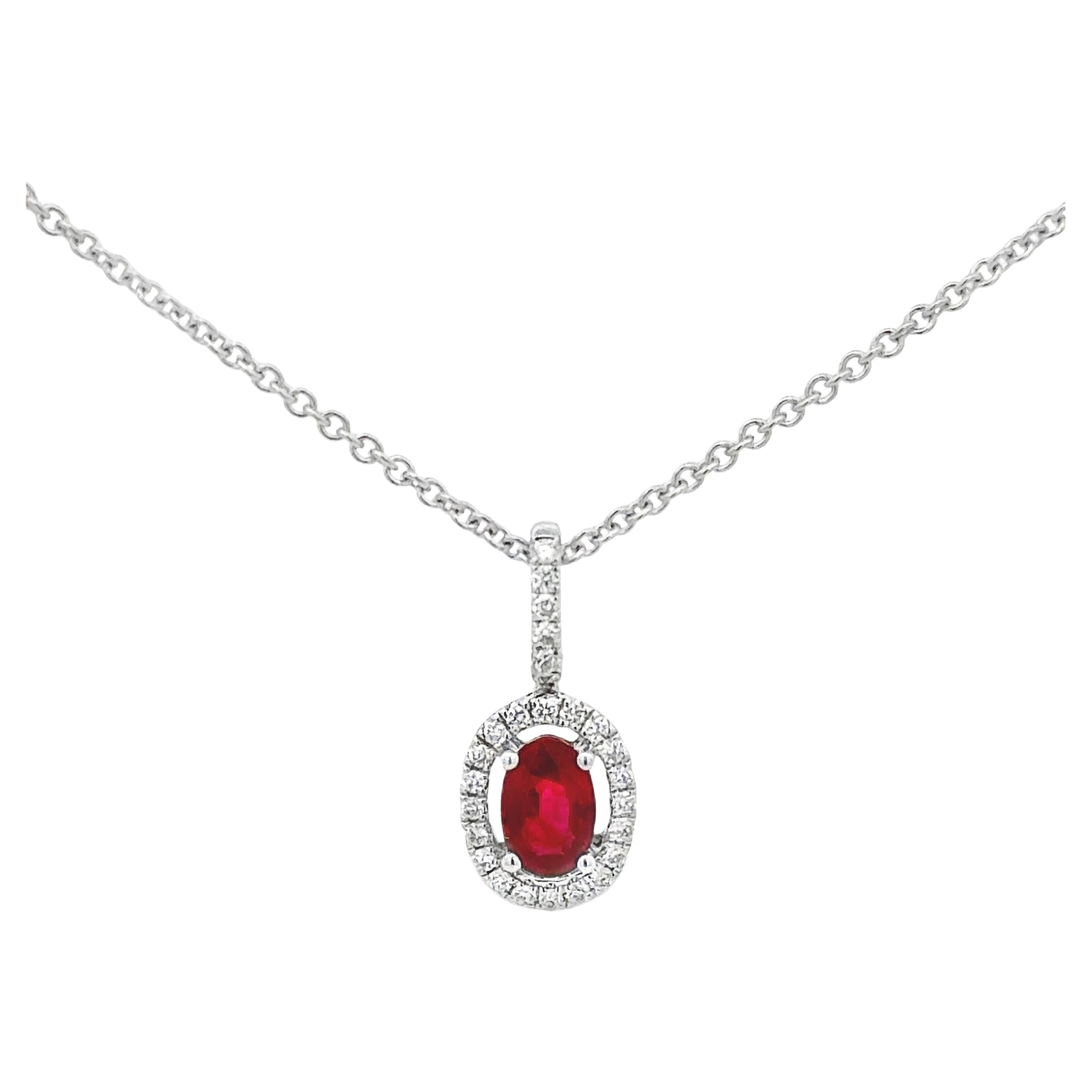 Roman Malakov 0.56 Carat Oval Cut Ruby & Diamond Halo Pendant Necklace For Sale