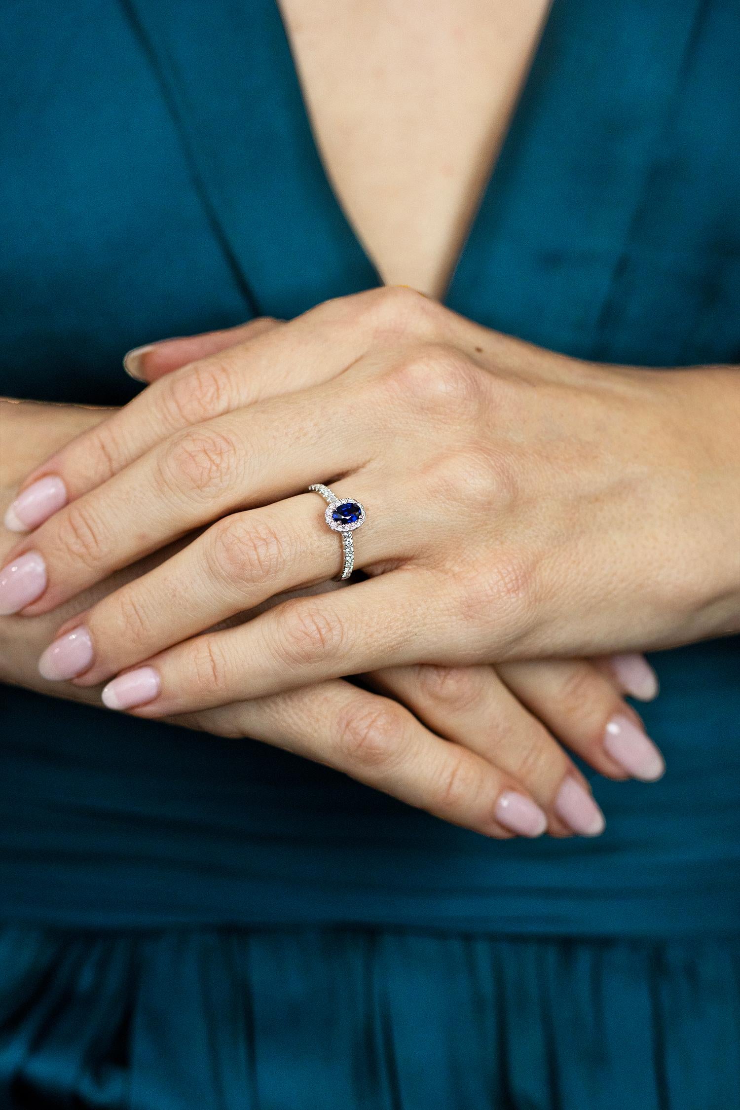 Women's Roman Malakov 0.56 Carat Oval Cut Sapphire & Diamond Halo Engagement Ring For Sale