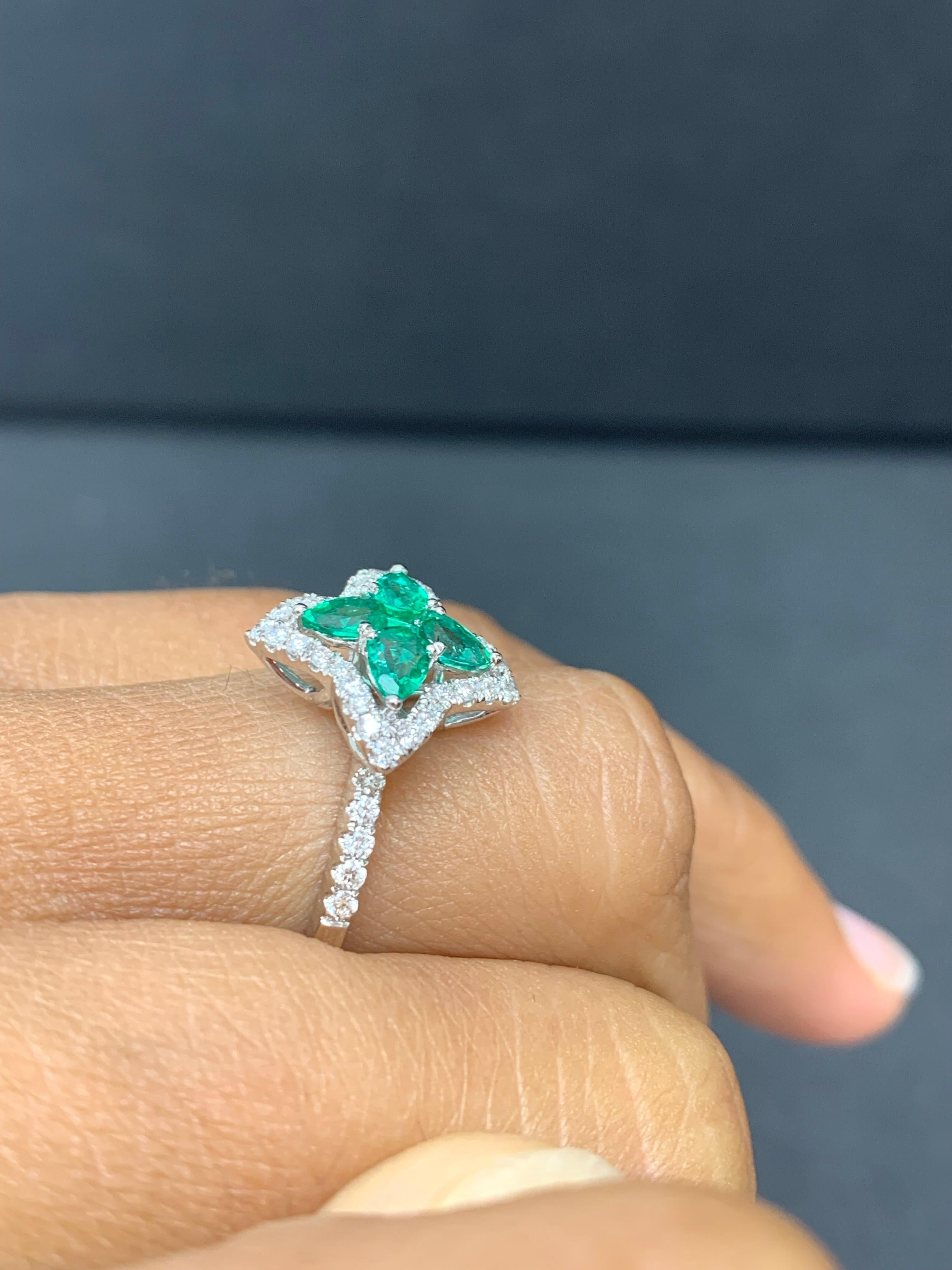 0.56 Carat Pear Shape Emerald and Diamond Cocktail Ring in 18K White Gold For Sale 4