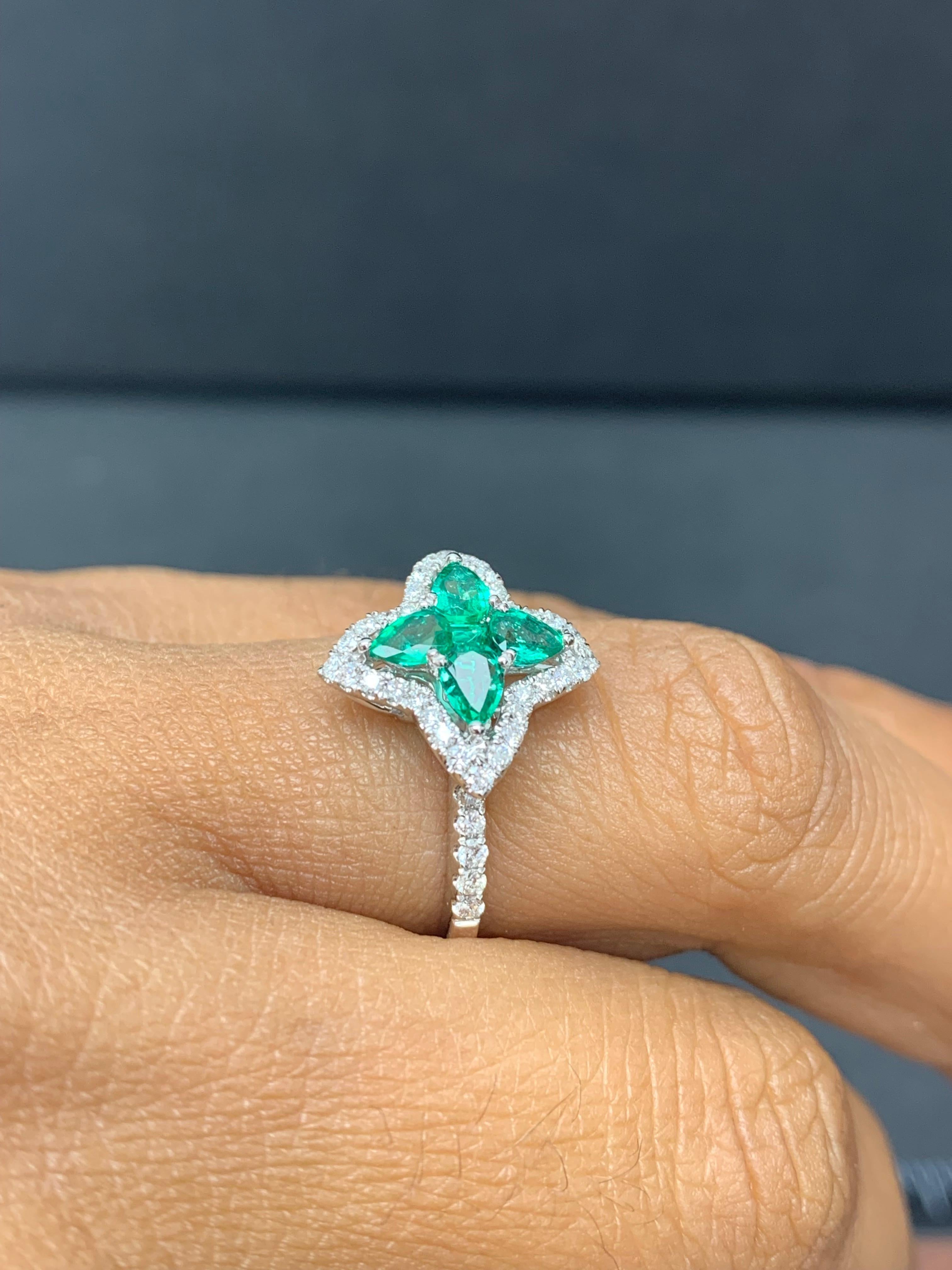 0.56 Carat Pear Shape Emerald and Diamond Cocktail Ring in 18K White Gold For Sale 5