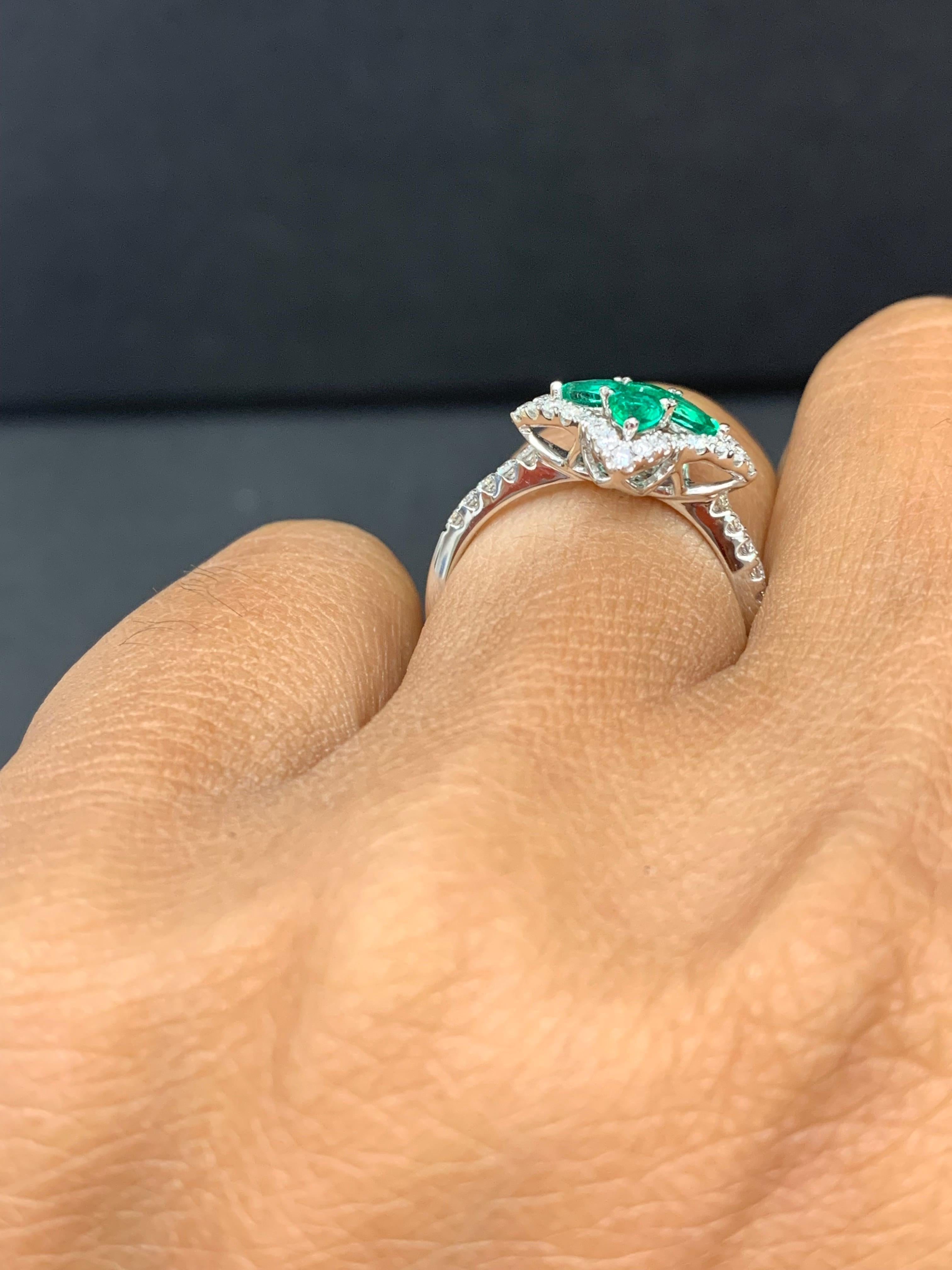 0.56 Carat Pear Shape Emerald and Diamond Cocktail Ring in 18K White Gold For Sale 6