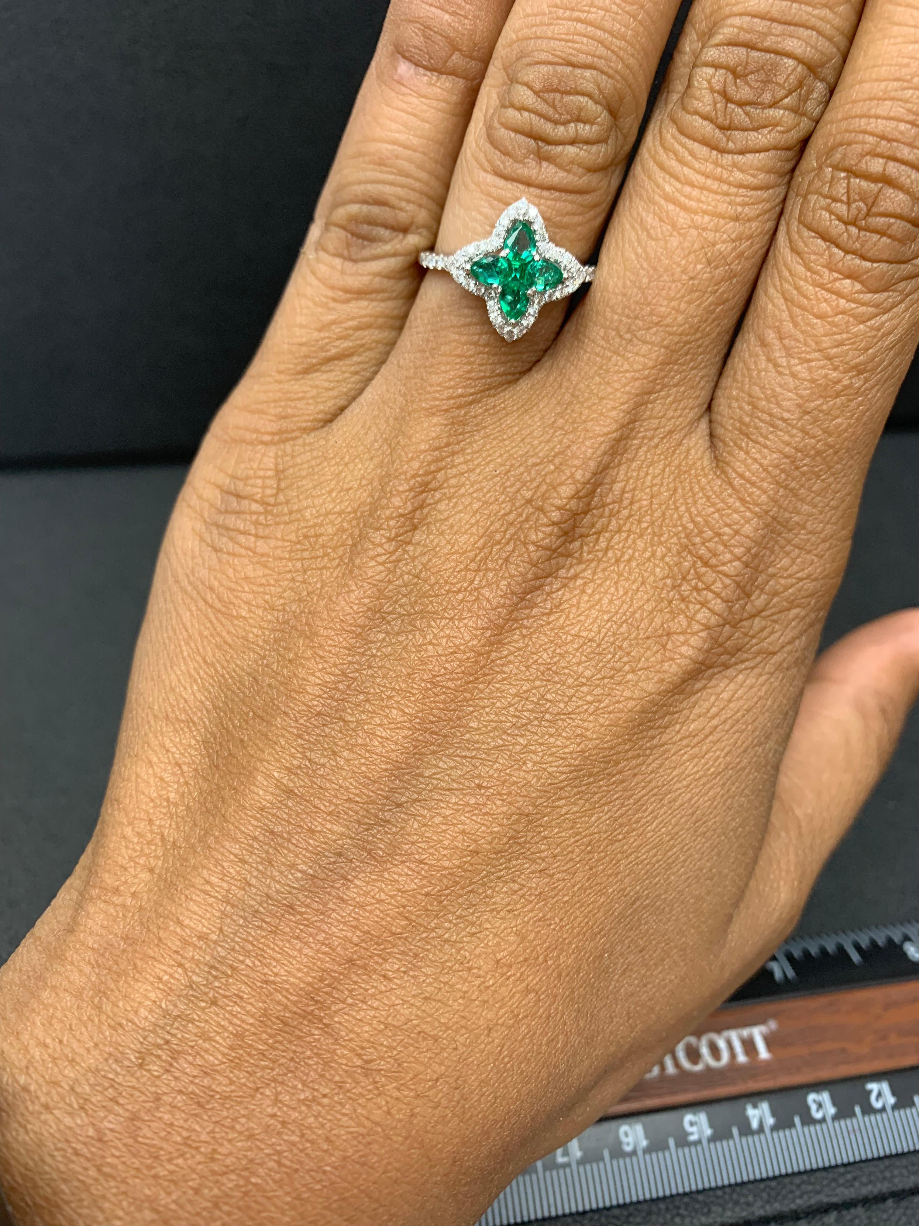 0.56 Carat Pear Shape Emerald and Diamond Cocktail Ring in 18K White Gold For Sale 8