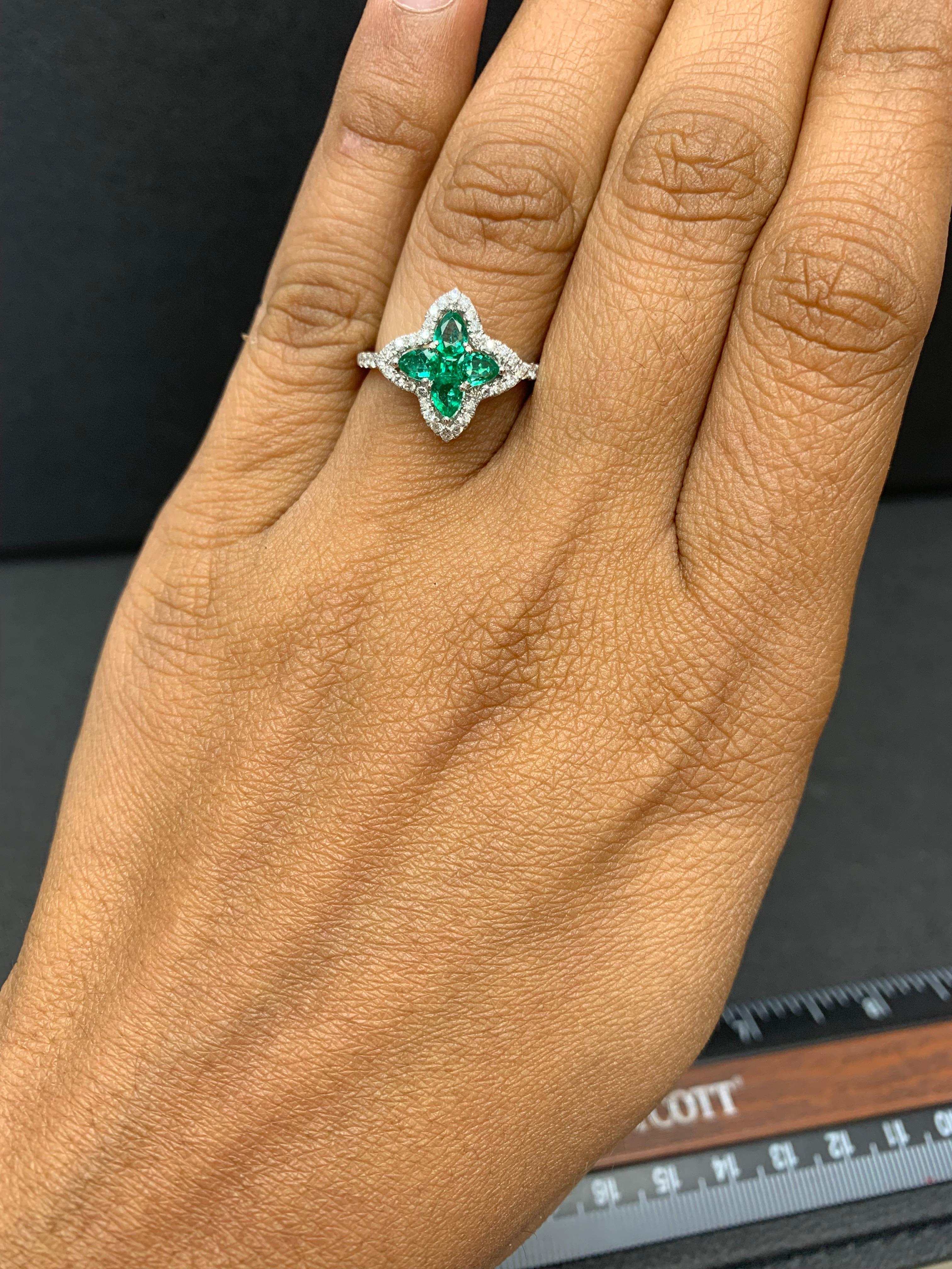 0.56 Carat Pear Shape Emerald and Diamond Cocktail Ring in 18K White Gold For Sale 9