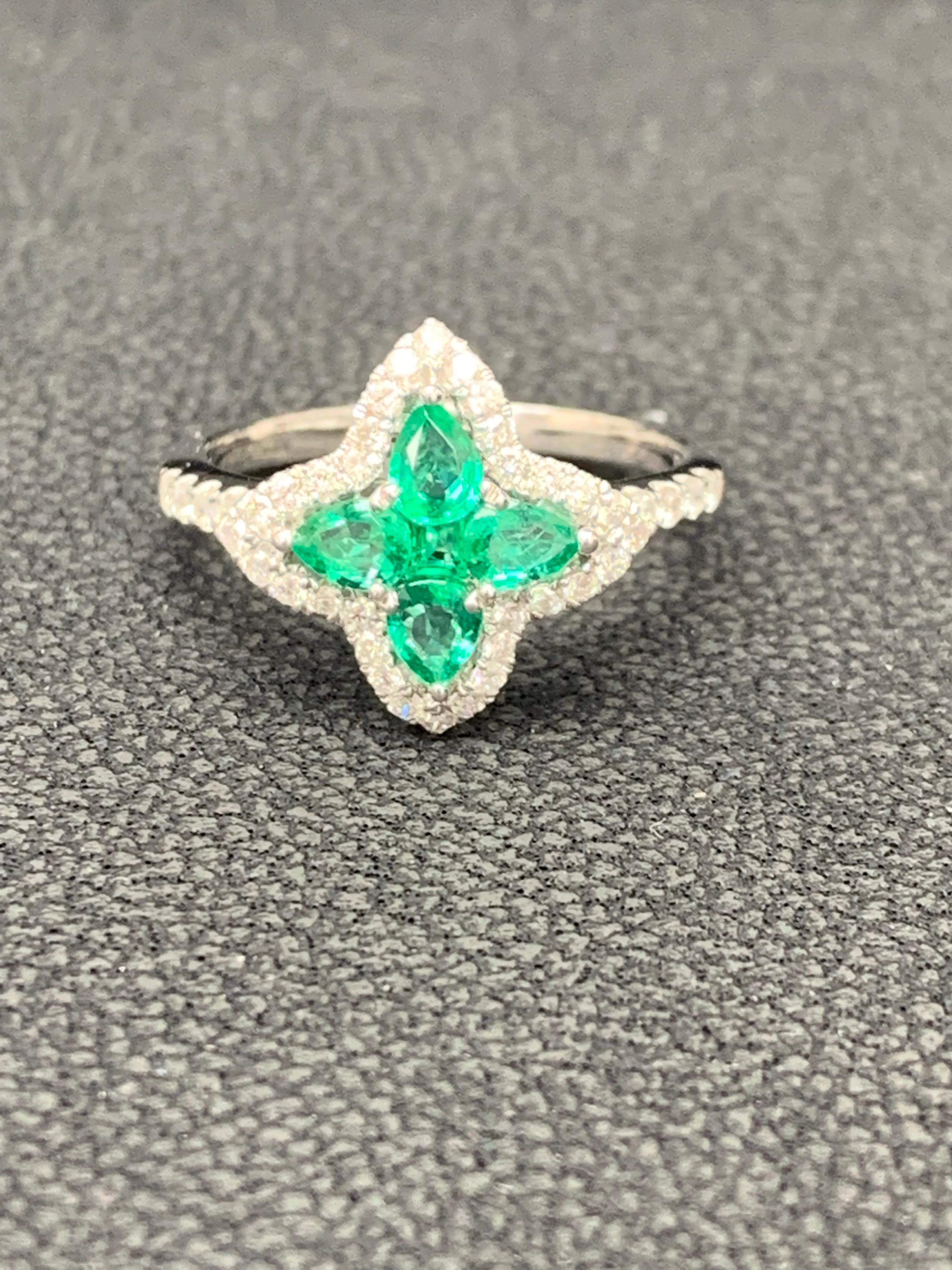 Modern 0.56 Carat Pear Shape Emerald and Diamond Cocktail Ring in 18K White Gold For Sale