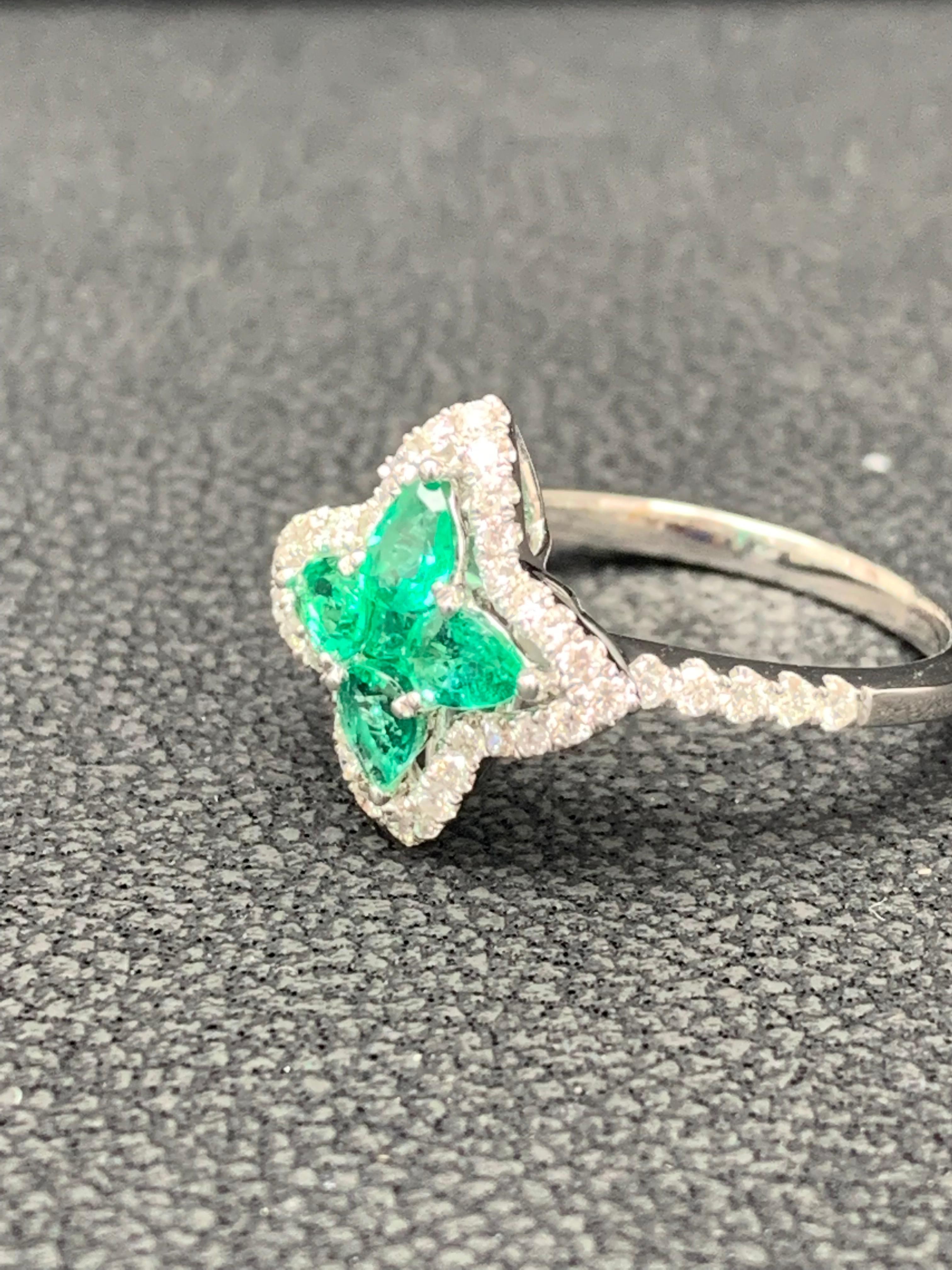 Pear Cut 0.56 Carat Pear Shape Emerald and Diamond Cocktail Ring in 18K White Gold For Sale