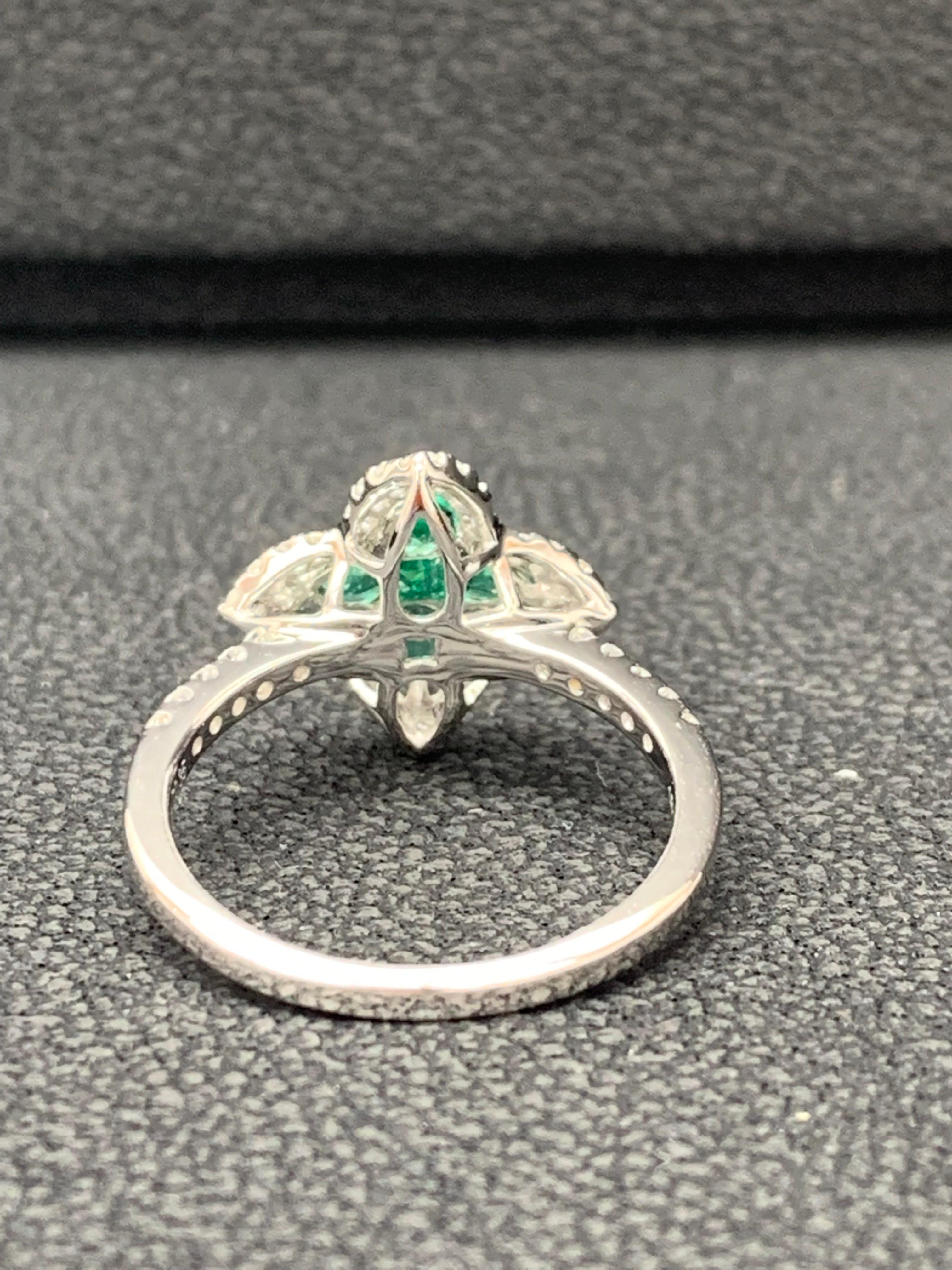 Women's 0.56 Carat Pear Shape Emerald and Diamond Cocktail Ring in 18K White Gold For Sale