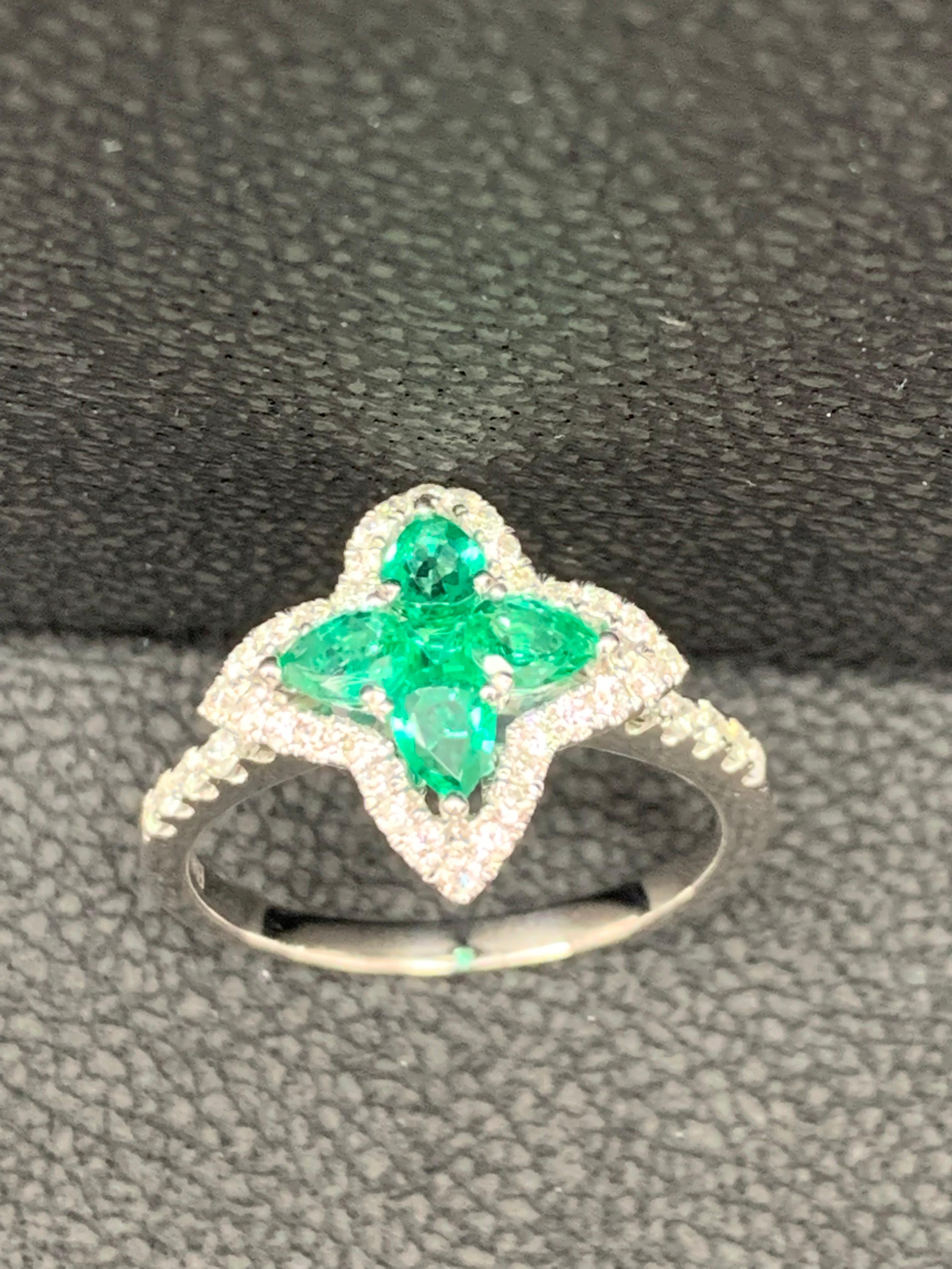 0.56 Carat Pear Shape Emerald and Diamond Cocktail Ring in 18K White Gold For Sale 1