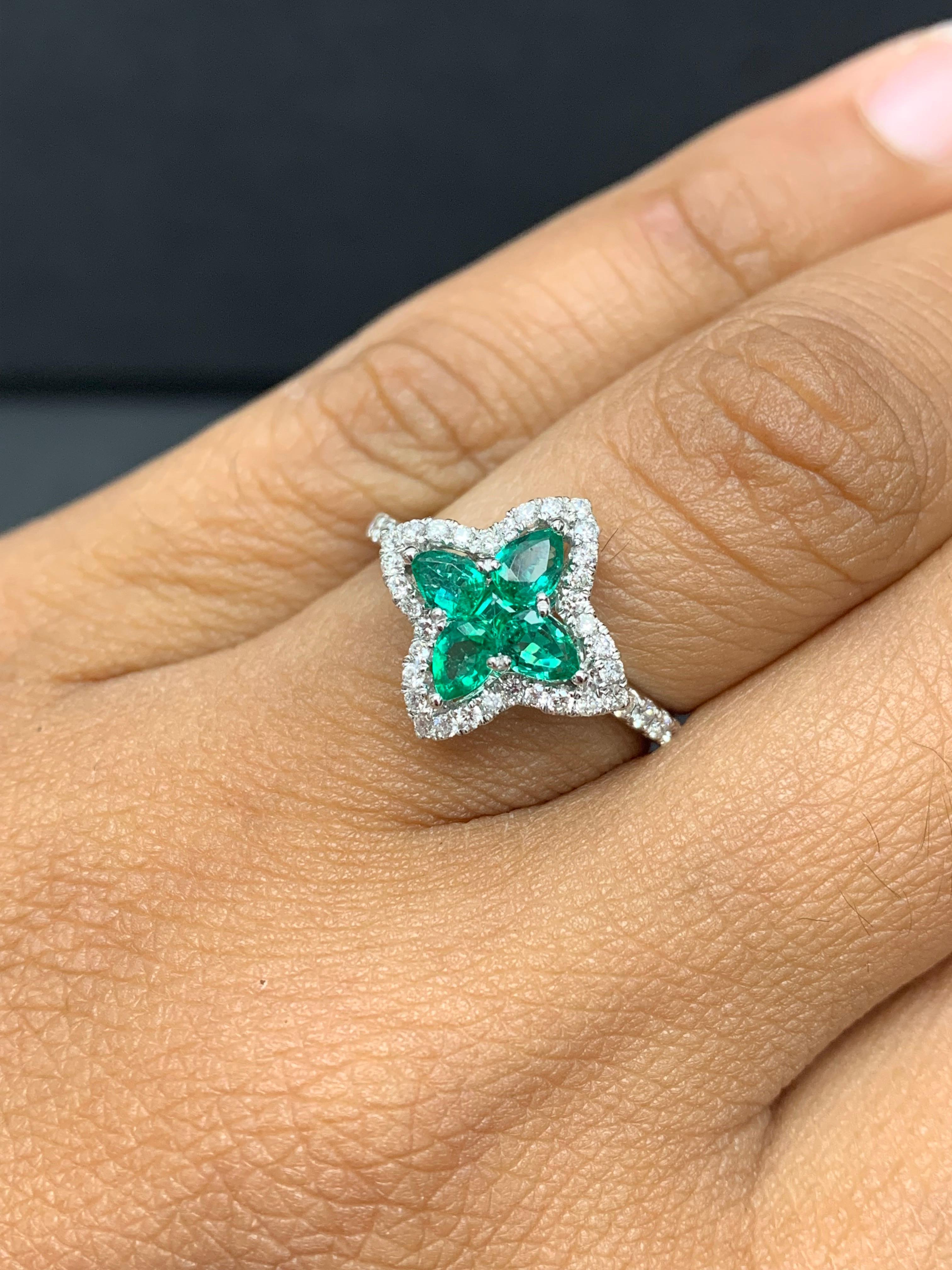 0.56 Carat Pear Shape Emerald and Diamond Cocktail Ring in 18K White Gold For Sale 3