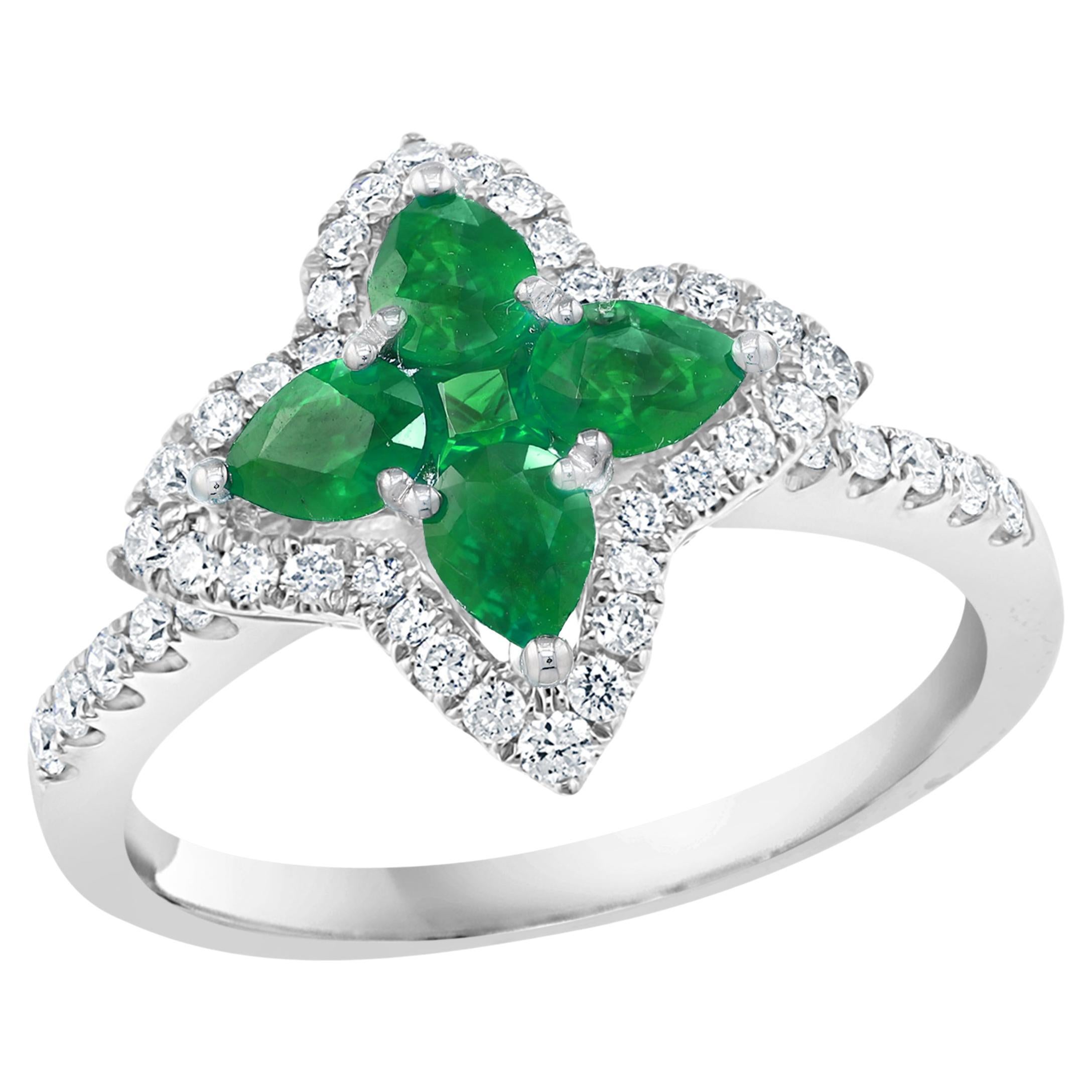 0.56 Carat Pear Shape Emerald and Diamond Cocktail Ring in 18K White Gold For Sale