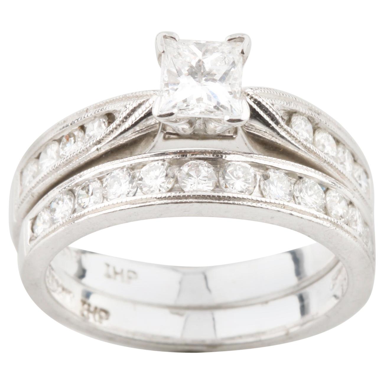 0.56 Carat Princess Cut Solitaire Wedding Set with Accent Stones in Platinum For Sale