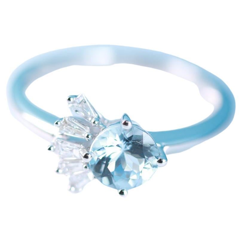 0.56 Carat Round Cut Aquamarine and Baguette Cut Diamond 18K White Gold Ring