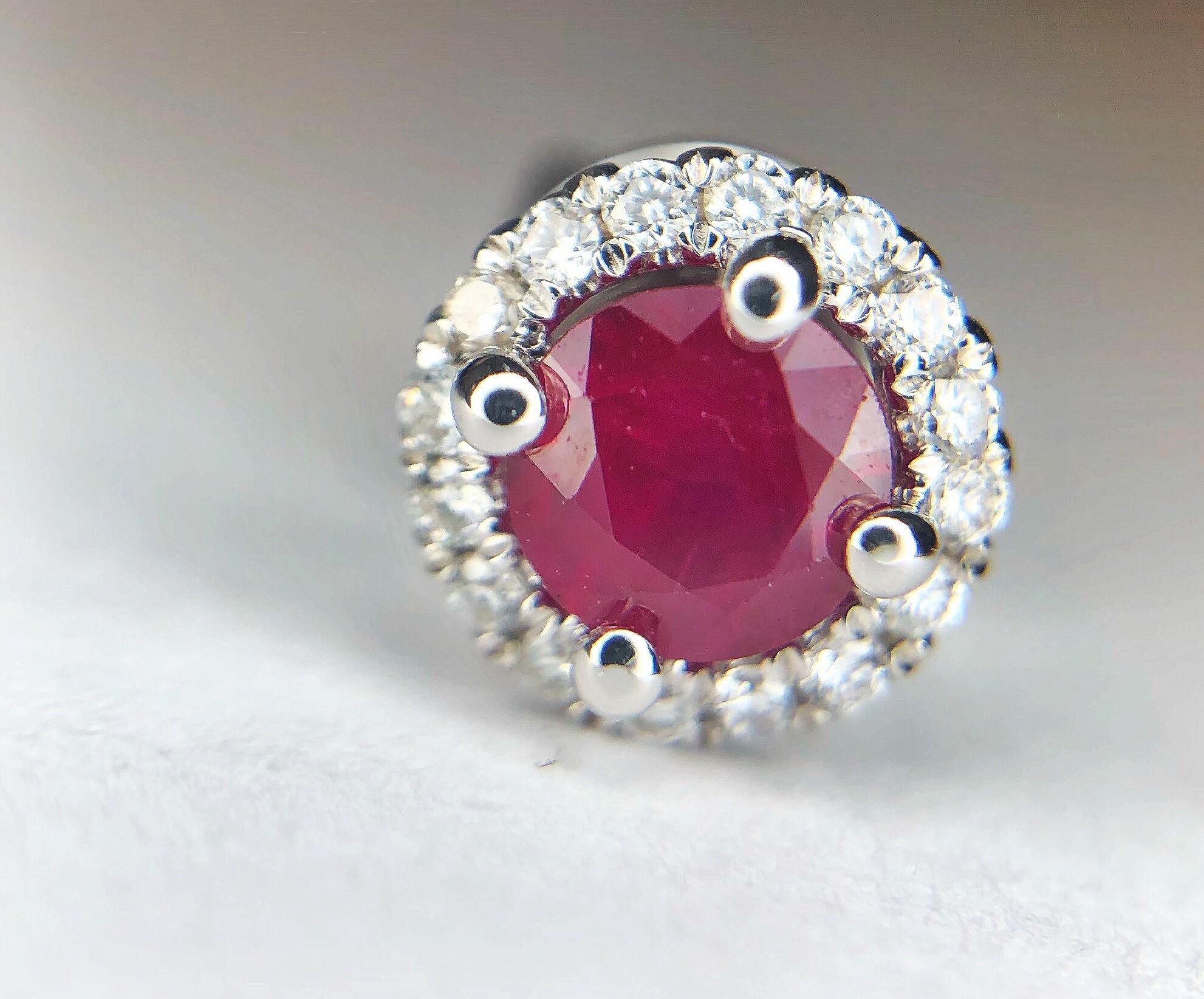 Round Cut  Round Natural Ruby Diamond Halo Stud Earrings