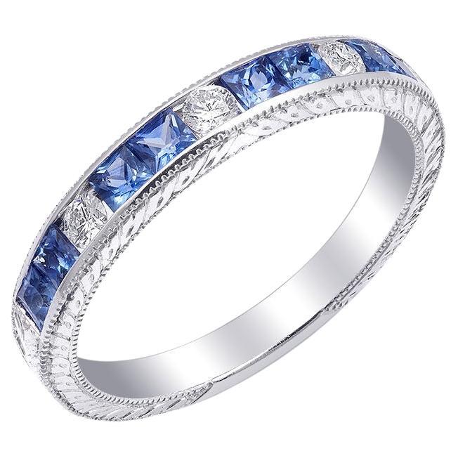 0.56 Carats Blue Sapphires Diamonds set in 18K White Gold Ring For Sale