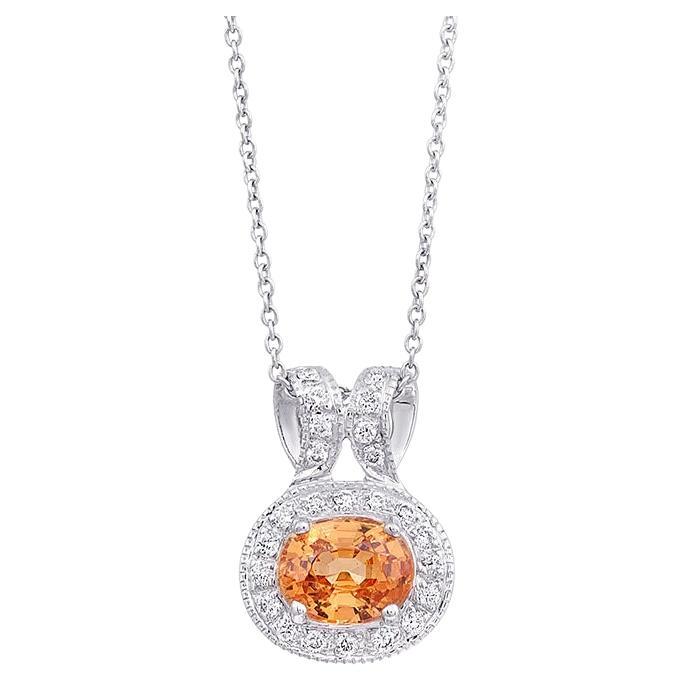 Natural Mandarin Garnet Stone 0.56 cts in 14K White Gold Pendant with Diamonds