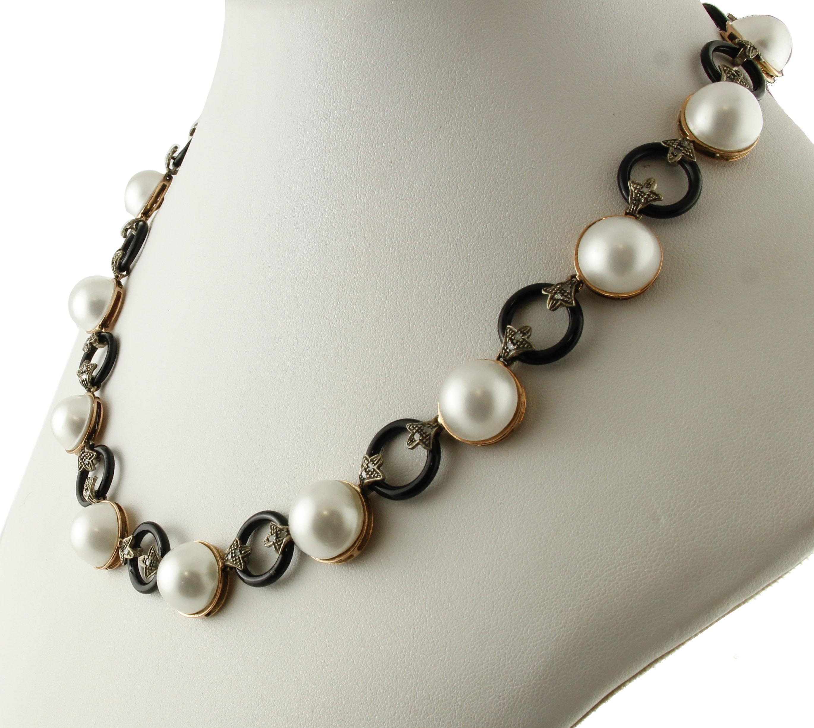 Retro 0.56 Carat Diamonds, 6 G Onyx Rings, 17.4 G Pearls Gold Silver Link Necklace For Sale