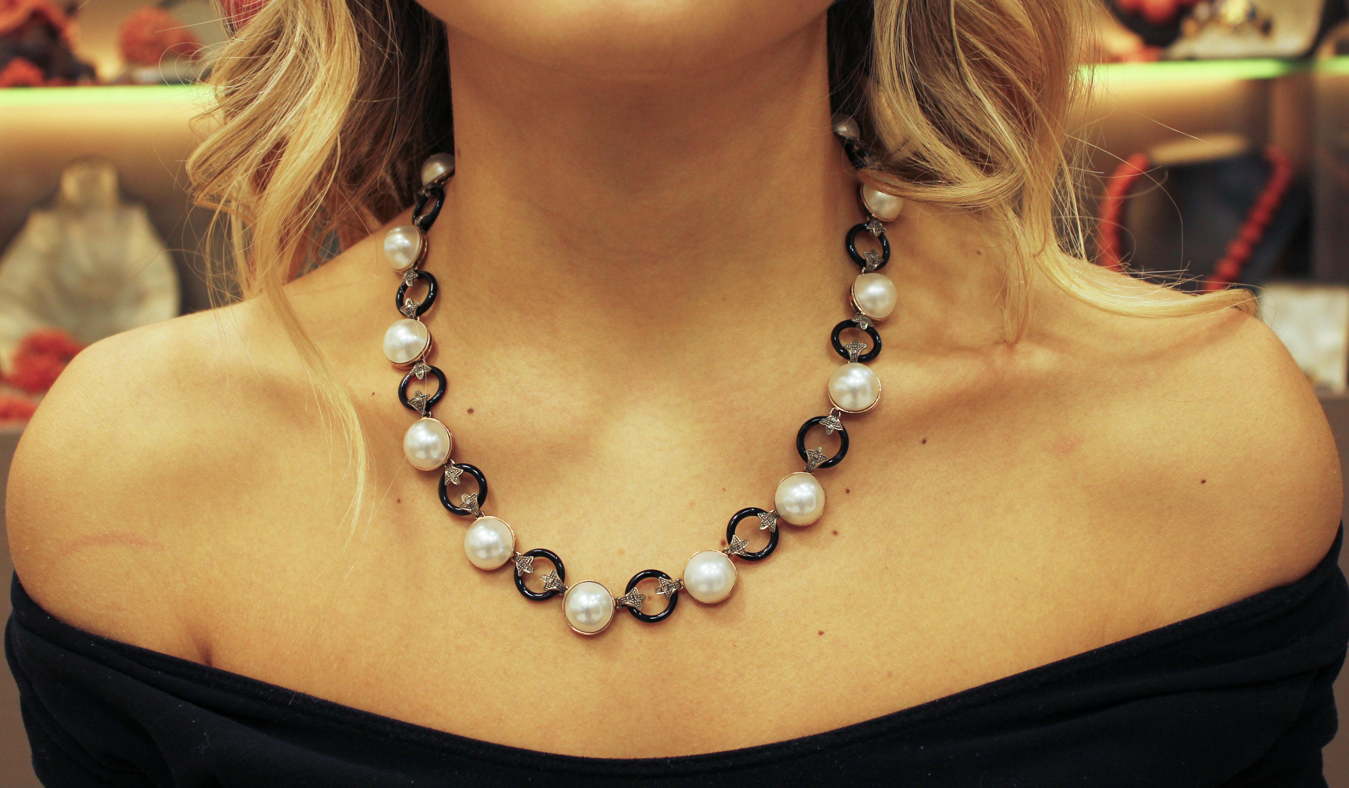 Women's 0.56 Carat Diamonds, 6 G Onyx Rings, 17.4 G Pearls Gold Silver Link Necklace For Sale