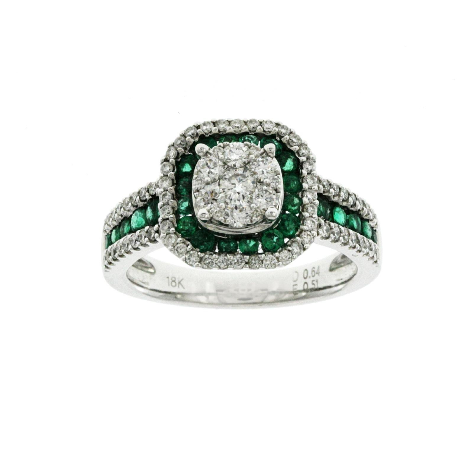 Round Cut 0.56 CT Emerald & 0.64 CT Diamonds in 18K White Gold Engagement Ring For Sale