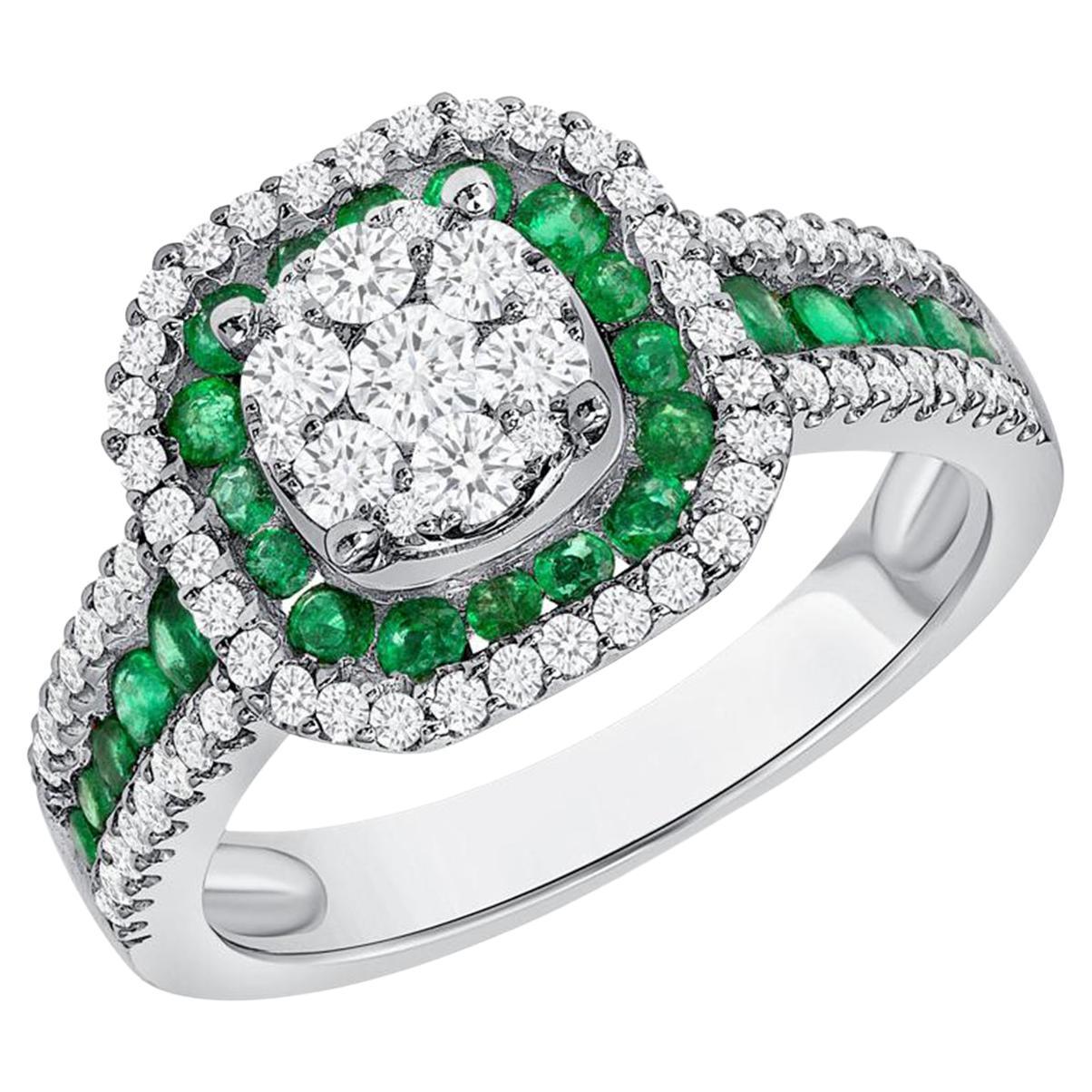 0.56 CT Emerald & 0.64 CT Diamonds in 18K White Gold Engagement Ring