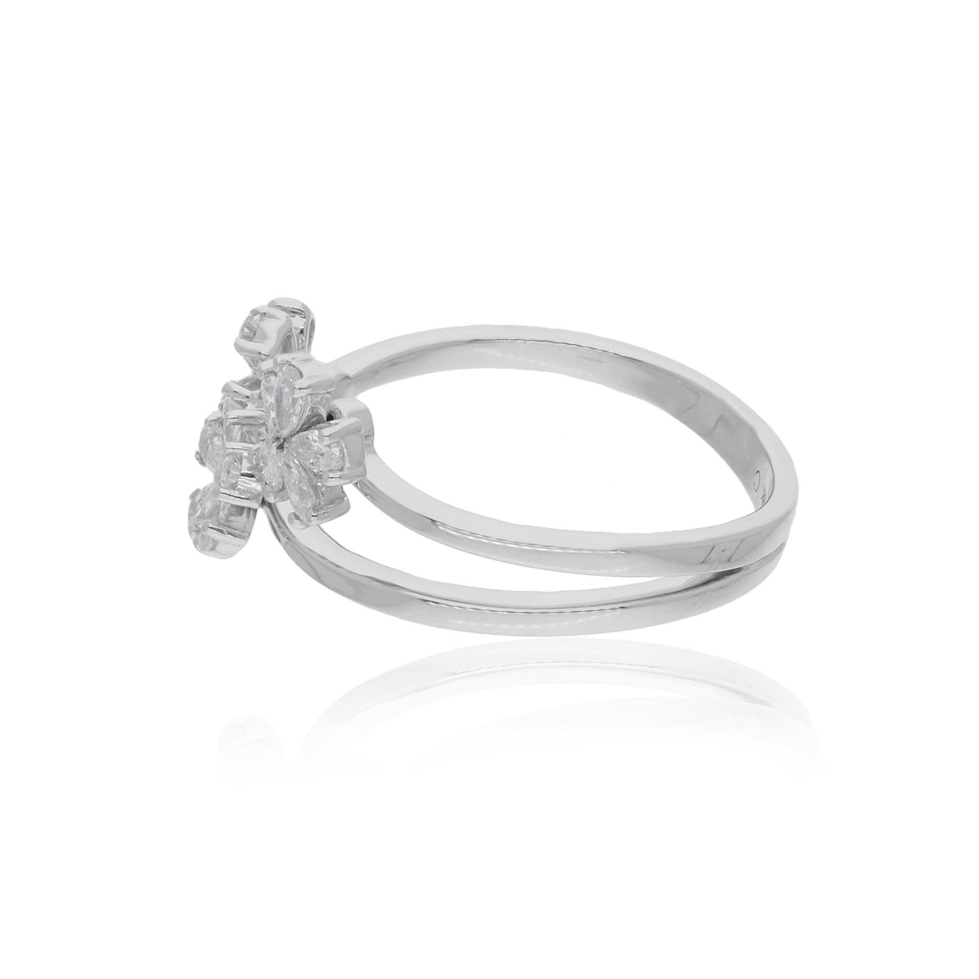 Modern 0.56ct Pear Diamond Three Flower Cuff Ring 18 Karat White Gold Handmade Jewelry For Sale
