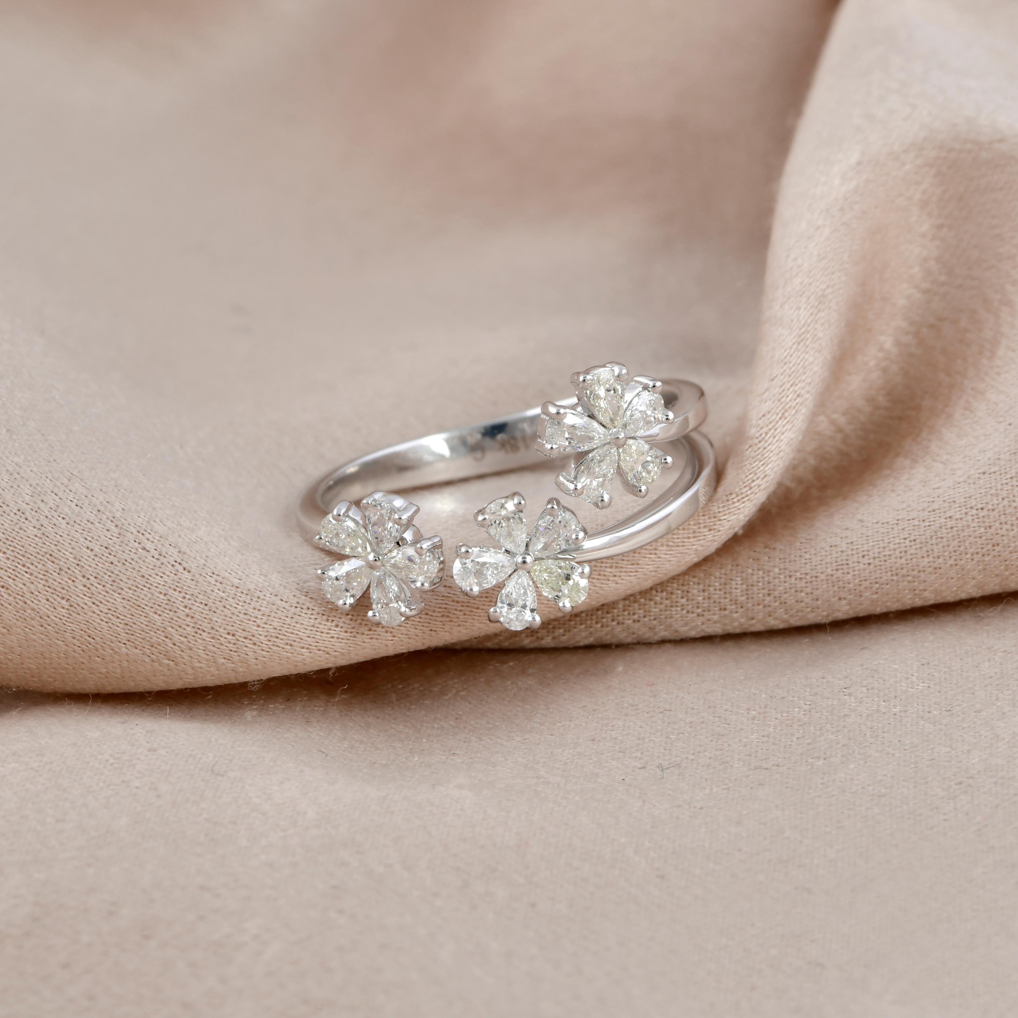 Pear Cut 0.56ct Pear Diamond Three Flower Cuff Ring 18 Karat White Gold Handmade Jewelry For Sale