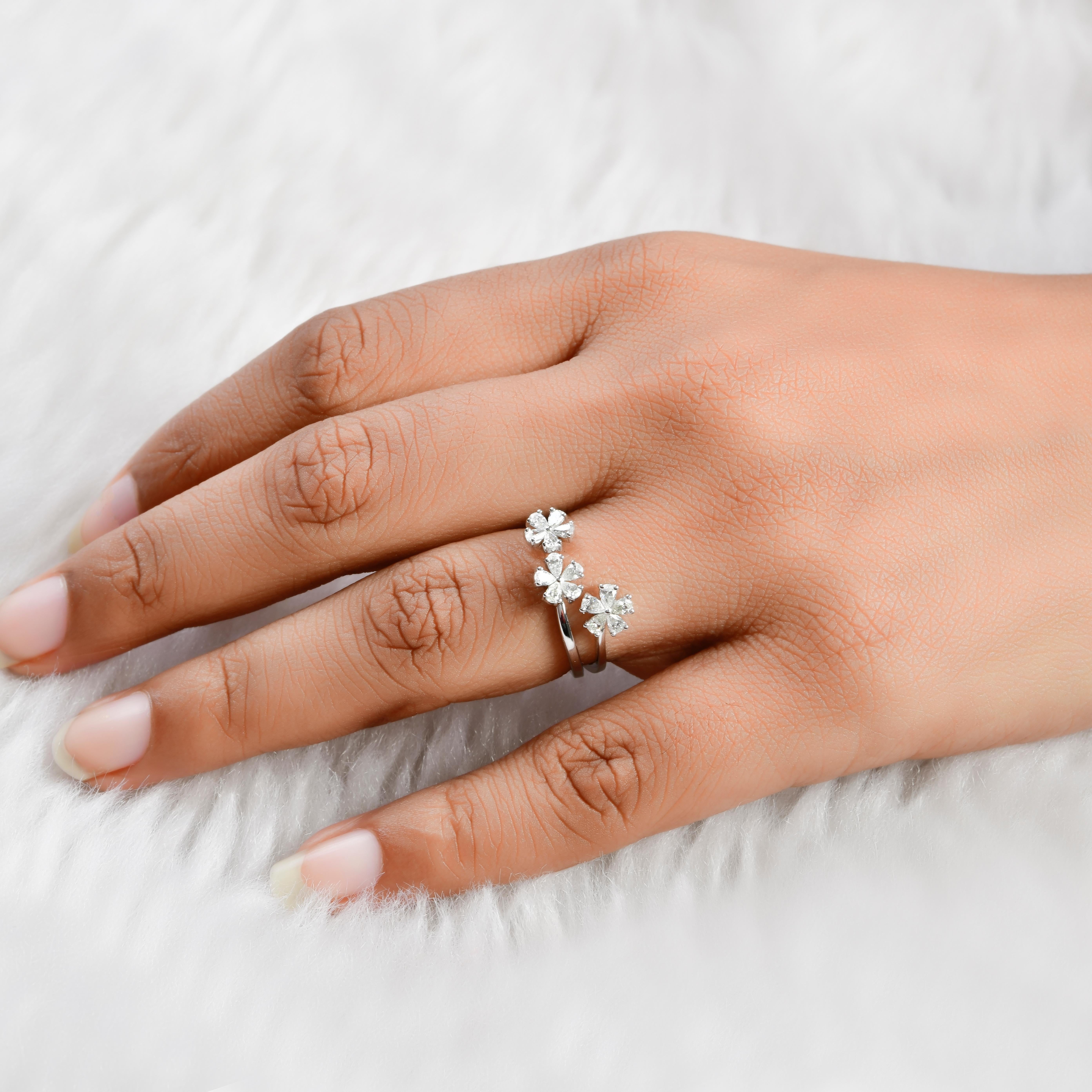 0.56ct Pear Diamond Three Flower Cuff Ring 18 Karat White Gold Handmade Jewelry In New Condition For Sale In Diera, Dubai