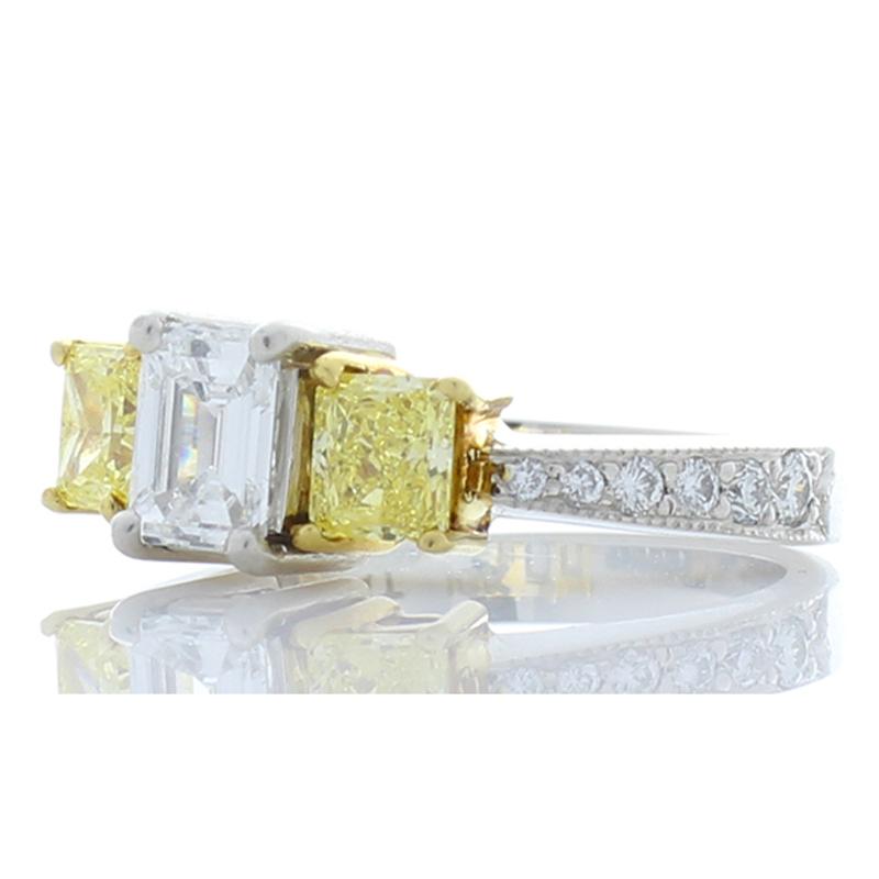 Contemporary 0.56 Ct VVS1 Emerald Cut Diamond, Intense Yellow Diamond Platinum Cocktail Ring