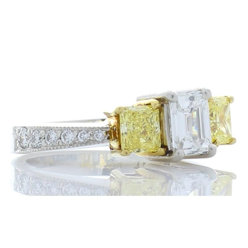 0.56 Ct VVS1 Emerald Cut Diamond, Intense Yellow Diamond Platinum Cocktail Ring im Zustand „Neu“ in Chicago, IL
