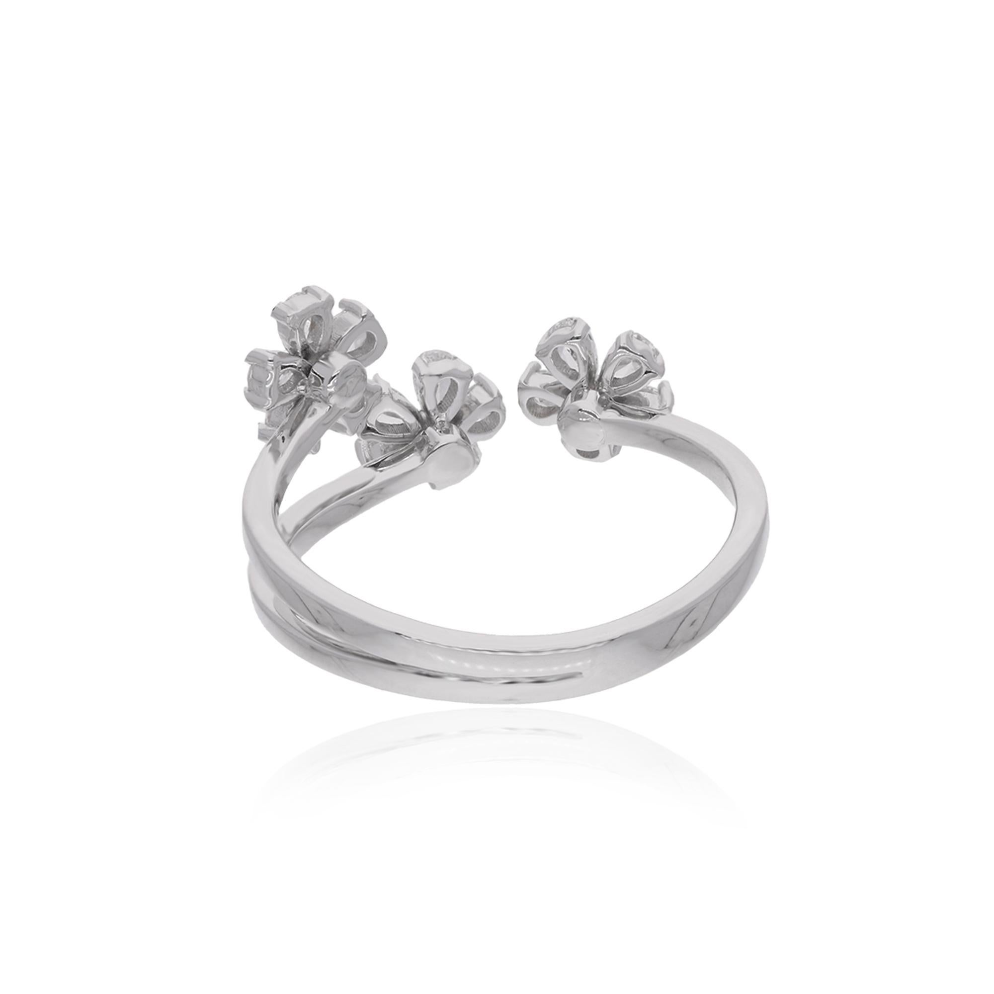 Pear Cut 0.56Ct Diamond Triple Floral Open Cuff Ring 14 Karat White Gold Handmade Jewelry For Sale