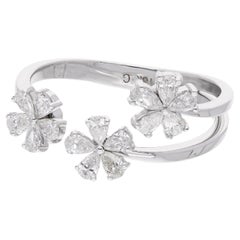 0.56Ct Diamond Triple Floral Open Cuff Ring 14 Karat White Gold Handmade Jewelry