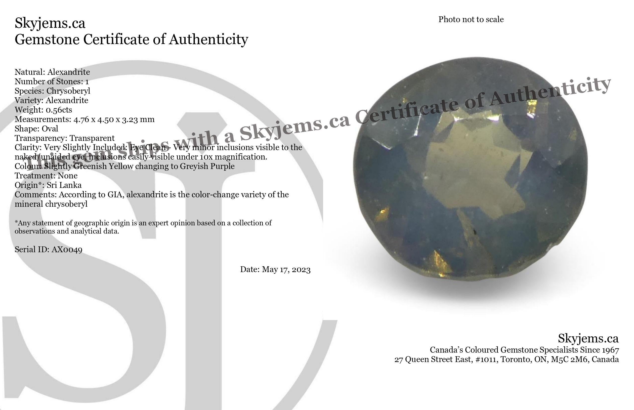 Description :

Type de gemme : Alexandrite 
Nombre de pierres : 1
Poids : 0,56 cts
Dimensions : 4,76 x 4,50 x 3,23 mm
Forme : Ovale
Style de coupe Couronne : Brilliante
Pavillon des styles de coupe : Coupe Brilliante 
La transparence :