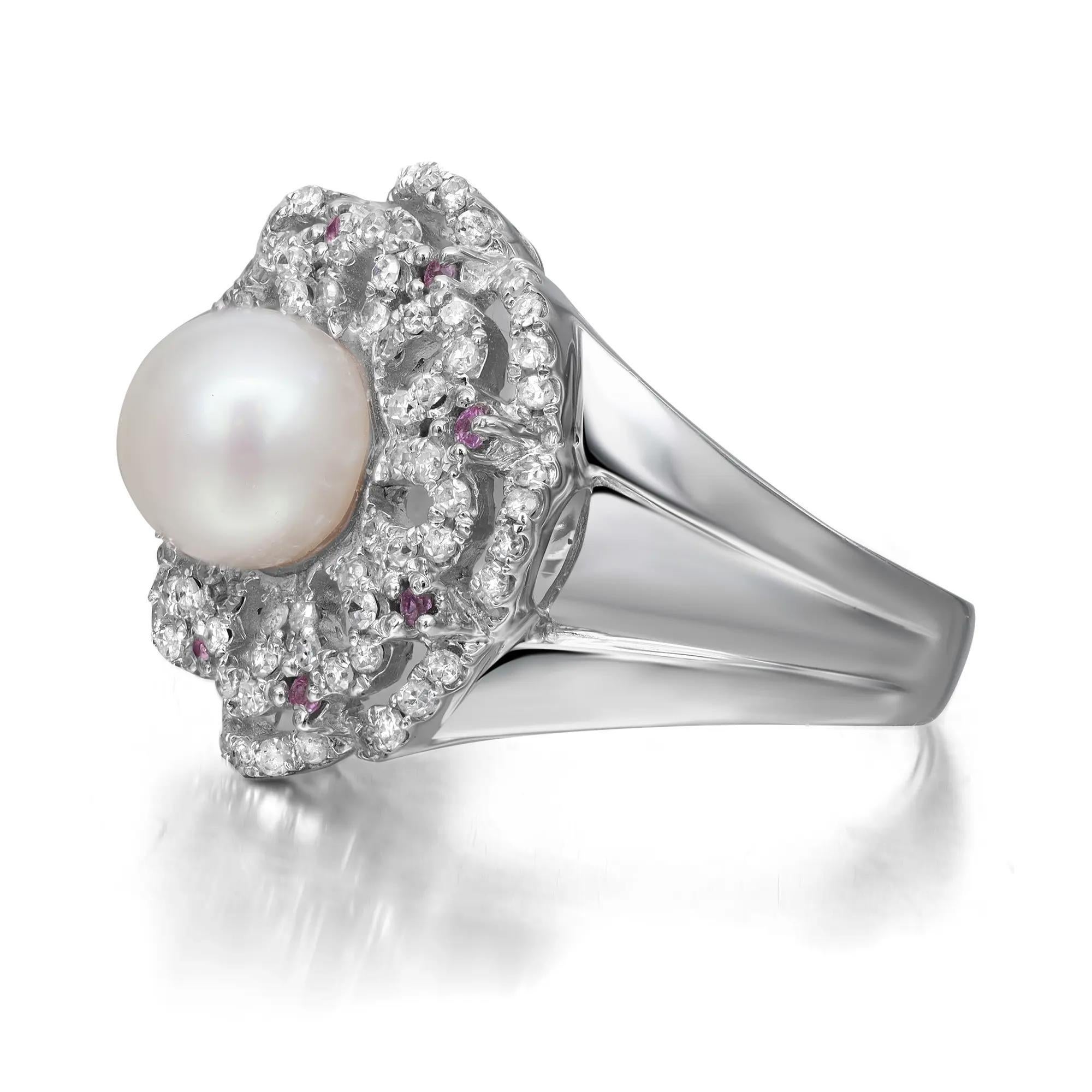 Round Cut 0.56ctw Diamond Pearl Pink Sapphire Ladies Cocktail Ring 14k White Gold For Sale