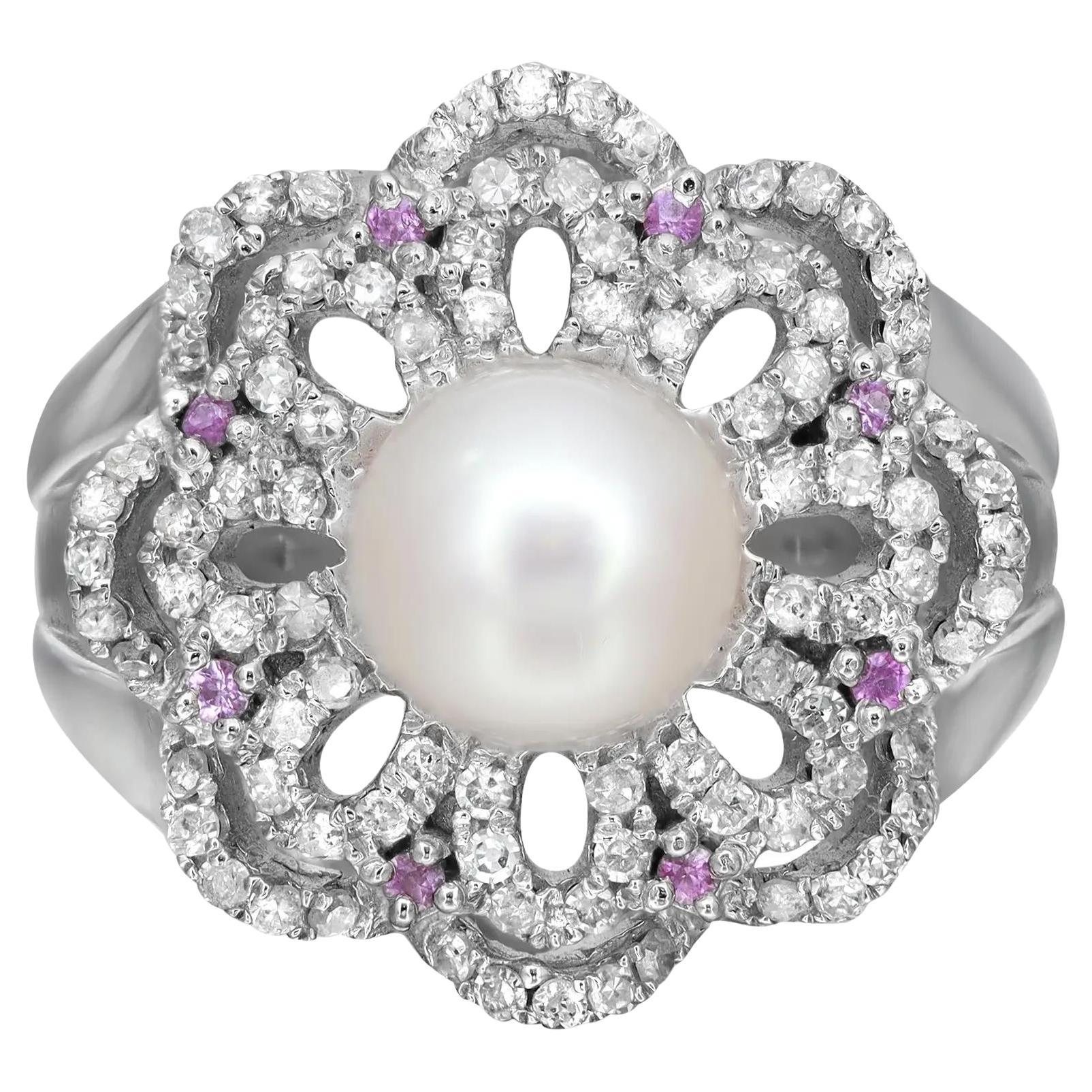 0.56ctw Diamond Pearl Pink Sapphire Ladies Cocktail Ring 14k White Gold For Sale