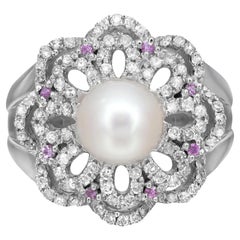 0.56ctw Diamond Pearl Pink Sapphire Ladies Cocktail Ring 14k White Gold